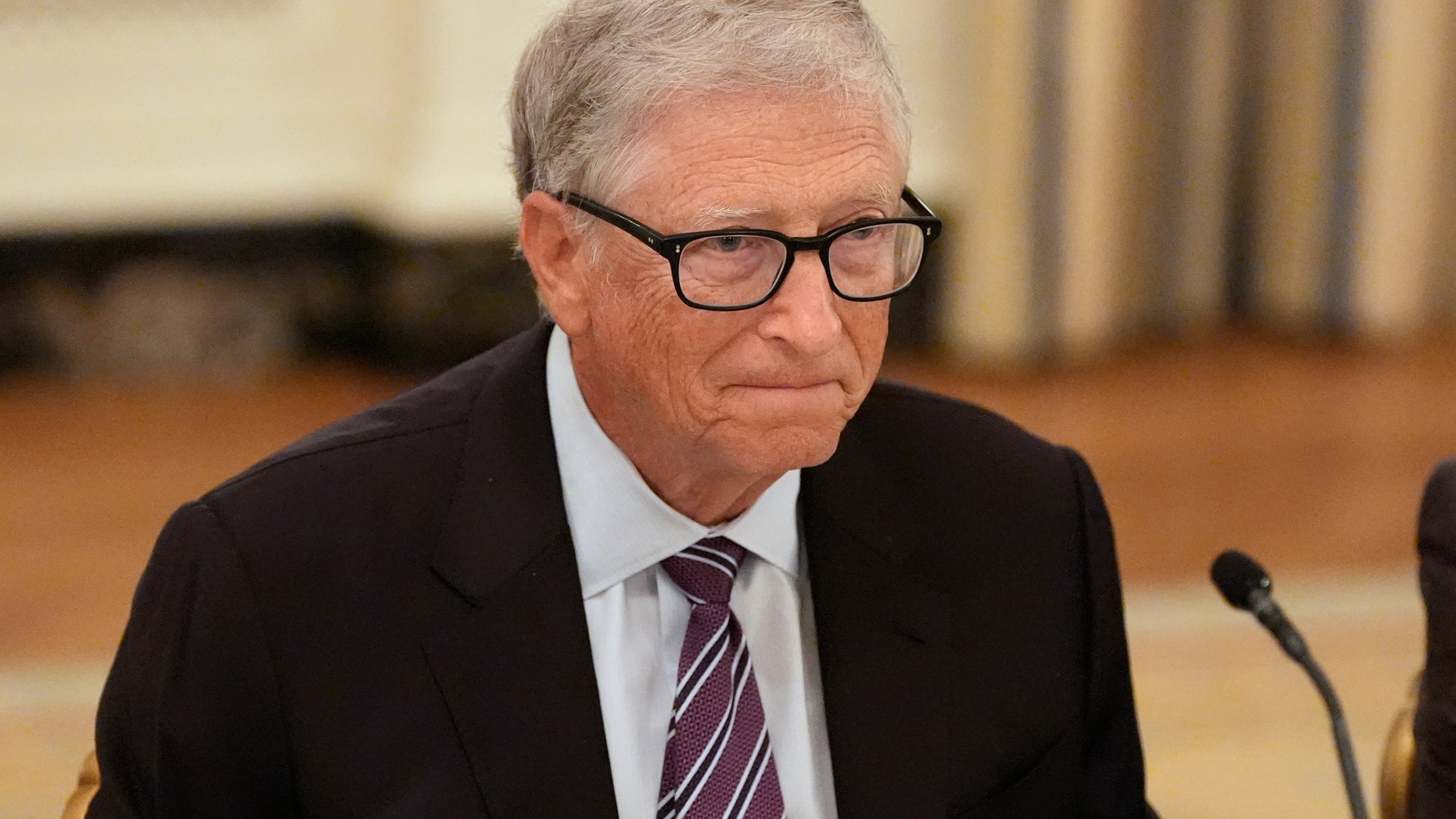 FILE - Microsoft's Bill Gates attends a dinner with President Donald Trump in the State Dining Room of the White House, Sept. 4, 2025, in Washington. (AP Photo/Alex Brandon, File)