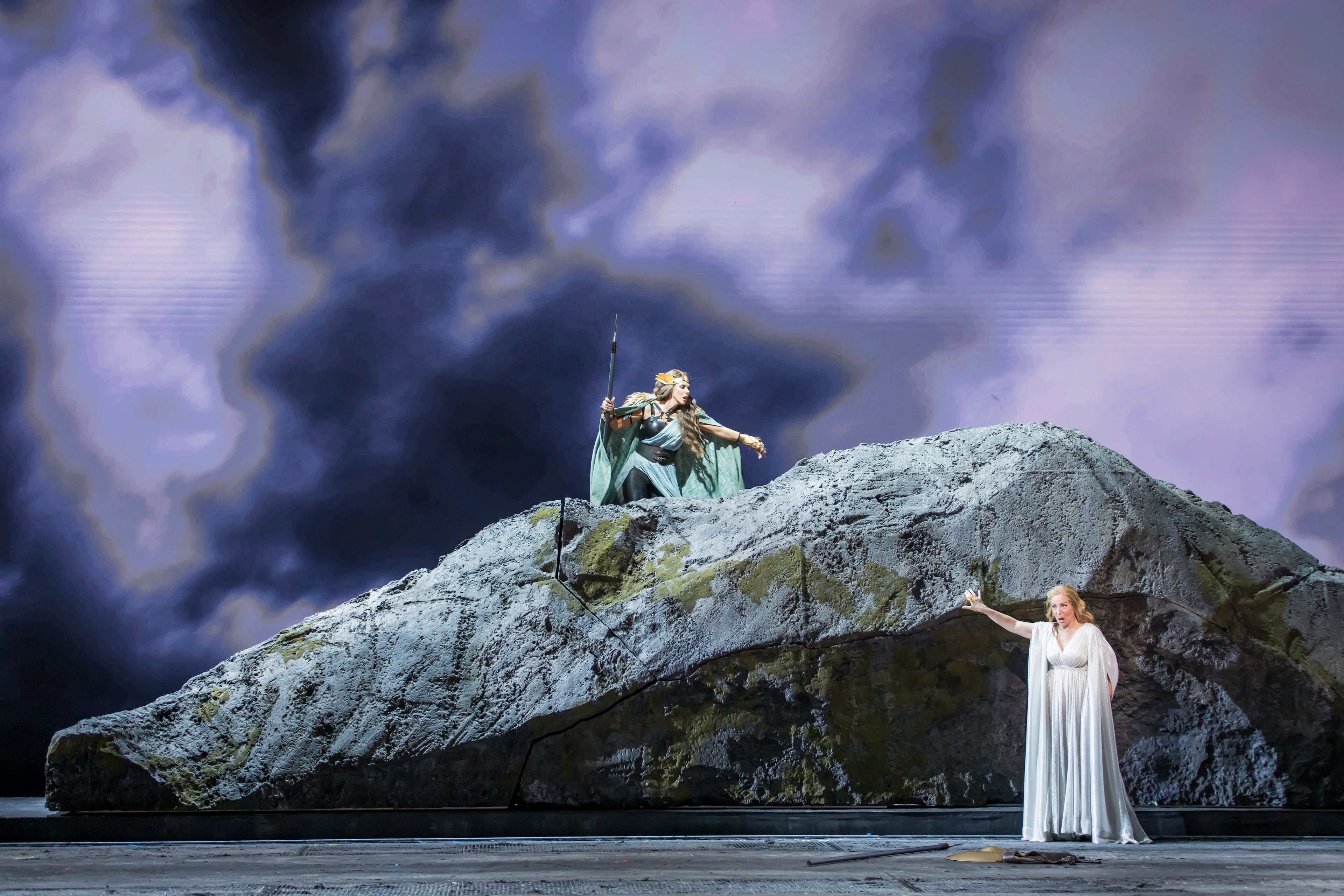 Tamara Mumford as the Valkyrie Waltraute brings a message to Brünnhilde, sung by Lise Lindstrom. (Raftermen/Courtesy of Atlanta Opera)