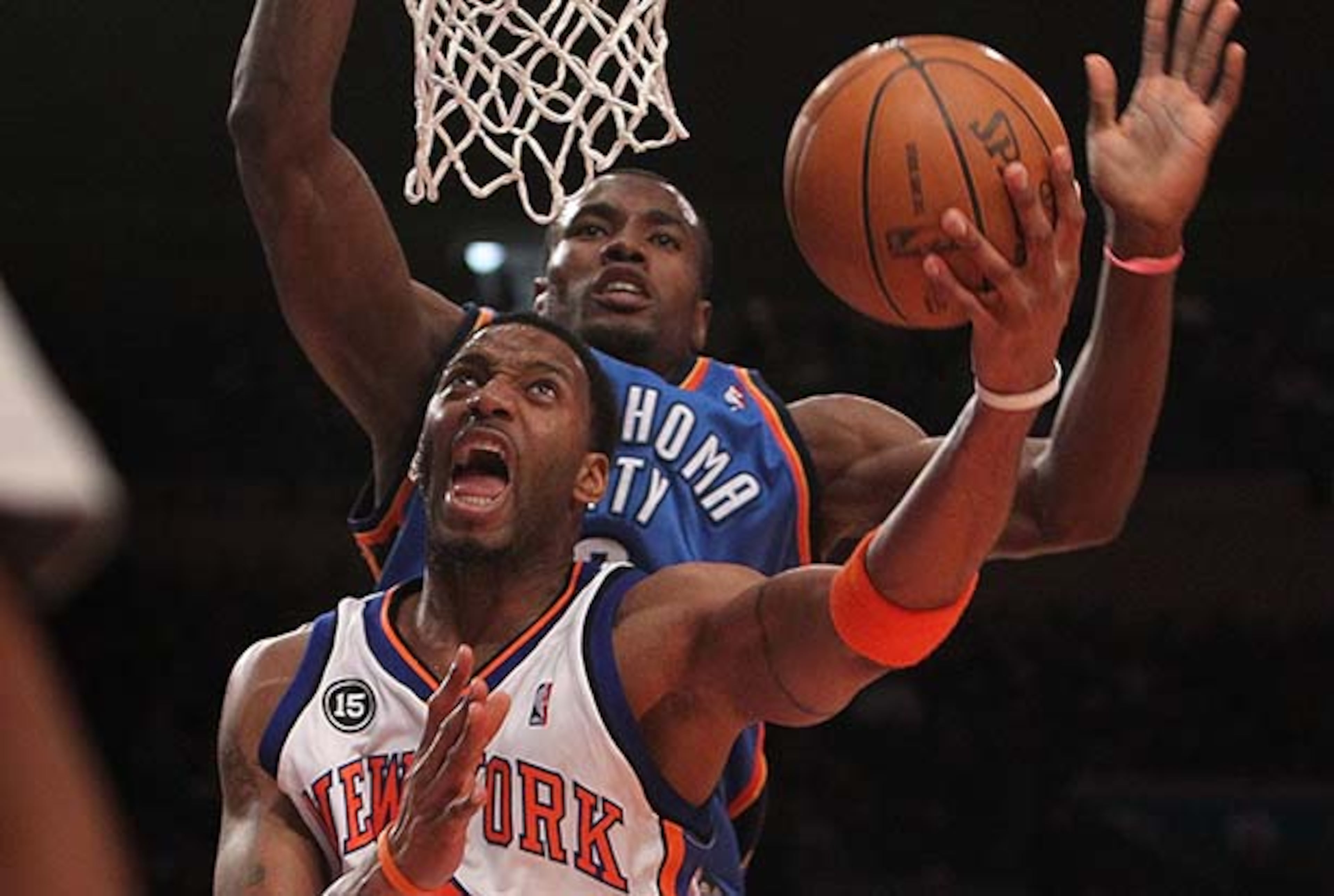 NEW YORK - FEBRUARY 20: Tracy McGrady #3 of the New York Knicks lays the ball up under pressure from Serge Ibaka #9 of the Oklahoma City Thunder at Madison Square Garden on February 20, 2010 in New York, New York. (Photo by Nick Laham/Getty Images)