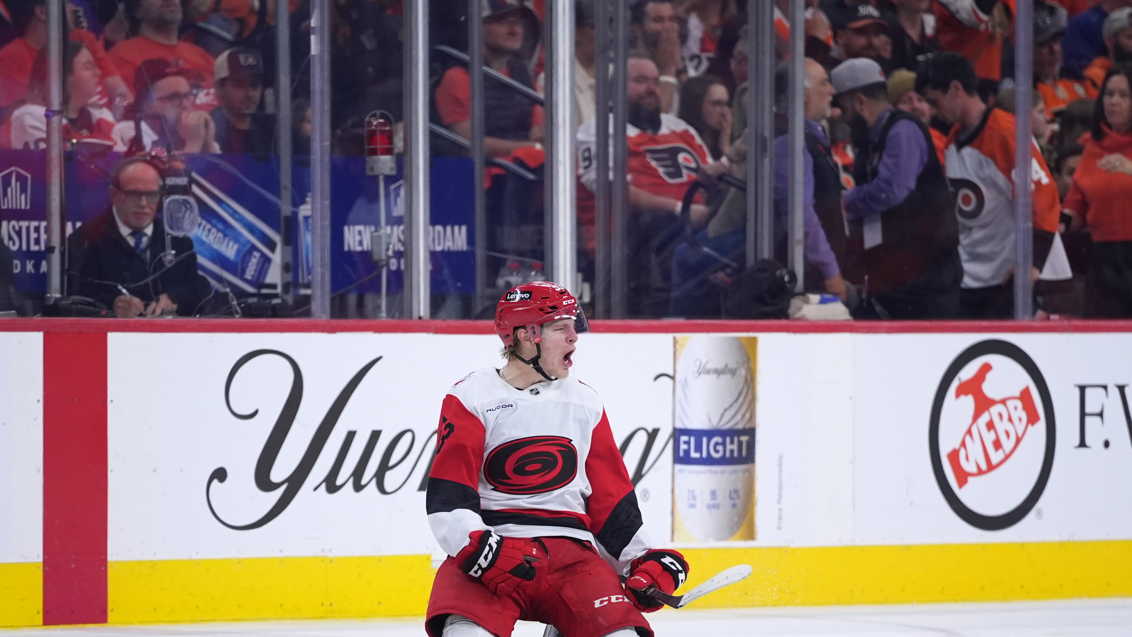 Carolina Hurricanes' Jackson Blake reacts after scoring the game-winning goal in overtime during Game 4 in a second-round NHL hockey Stanley Cup playoff series against the Philadelphia Flyers, Saturday, May 9, 2026, in Philadelphia. (AP Photo/Matt Slocum)