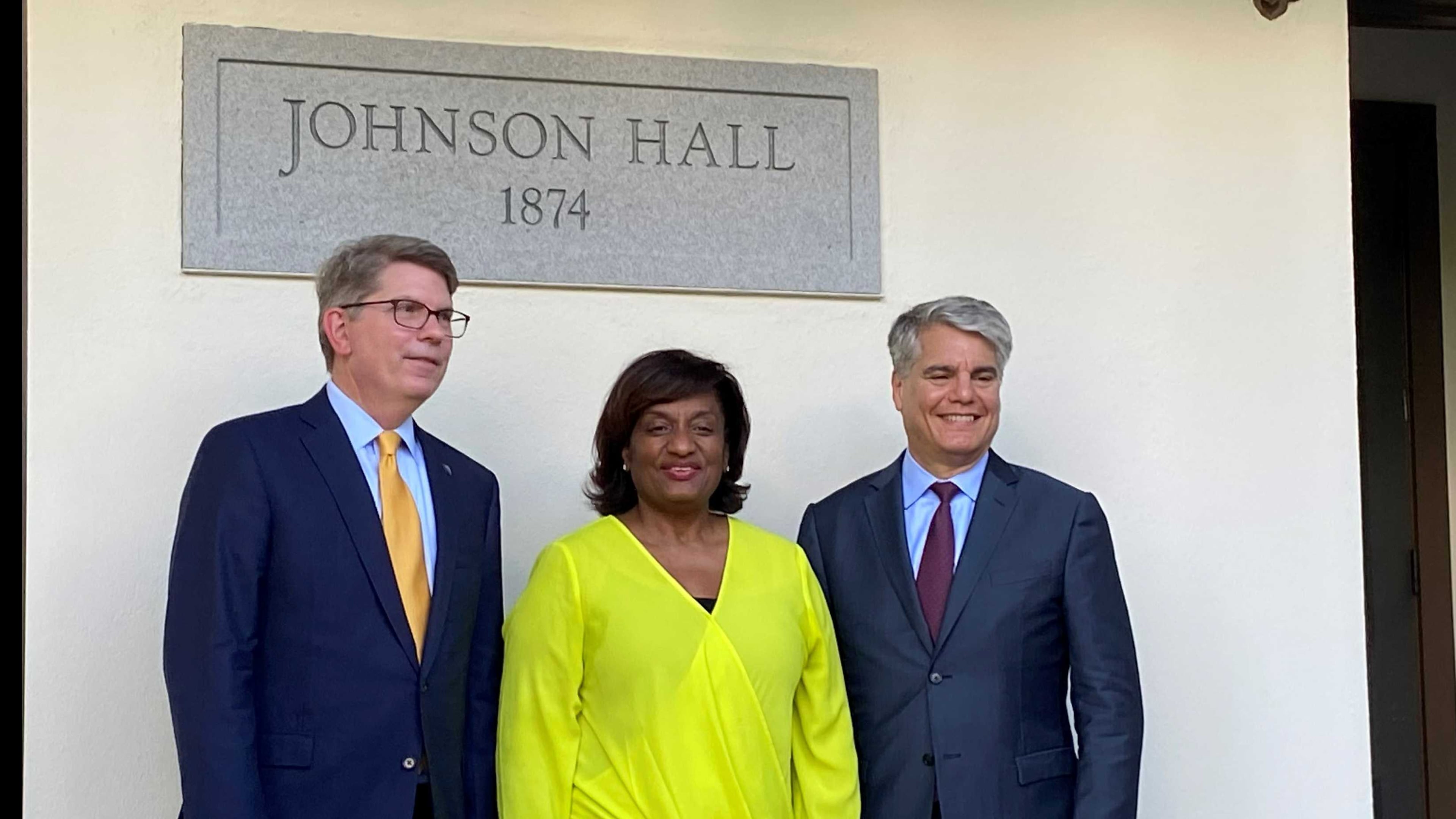 From left to right: Oxford College Dean Douglas Hicks, Michelle Bryant Johnson and Emory University President Gregory Fenves pose for pictures after an Oct. 8, 2021, ceremony to rename Language Hall after Johnson's late husband, Horace J. Johnson Jr. ERIC STIRGUS/ERIC.STIRGUS@AJC.COM.