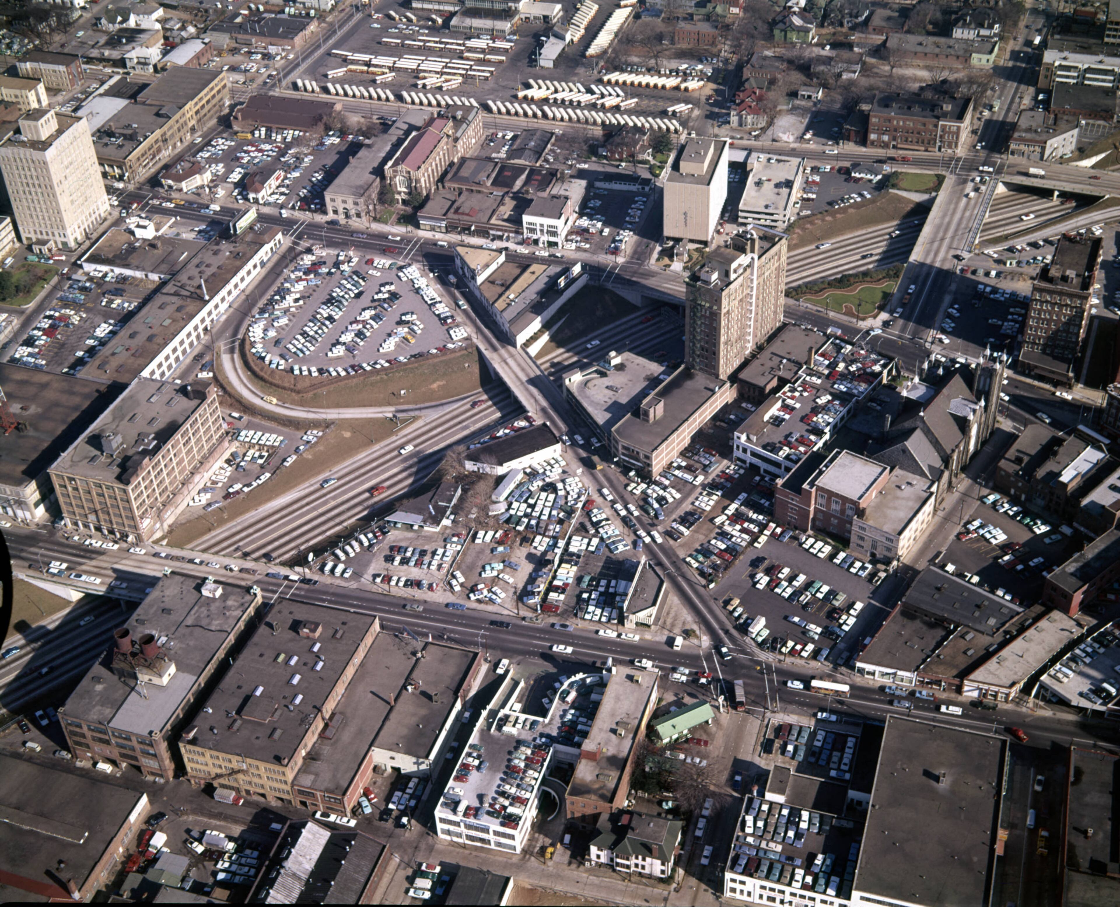 Aerial view of downtown, showing large areas covered in parking lots, Atlanta, Georgia, December 21, 1965.