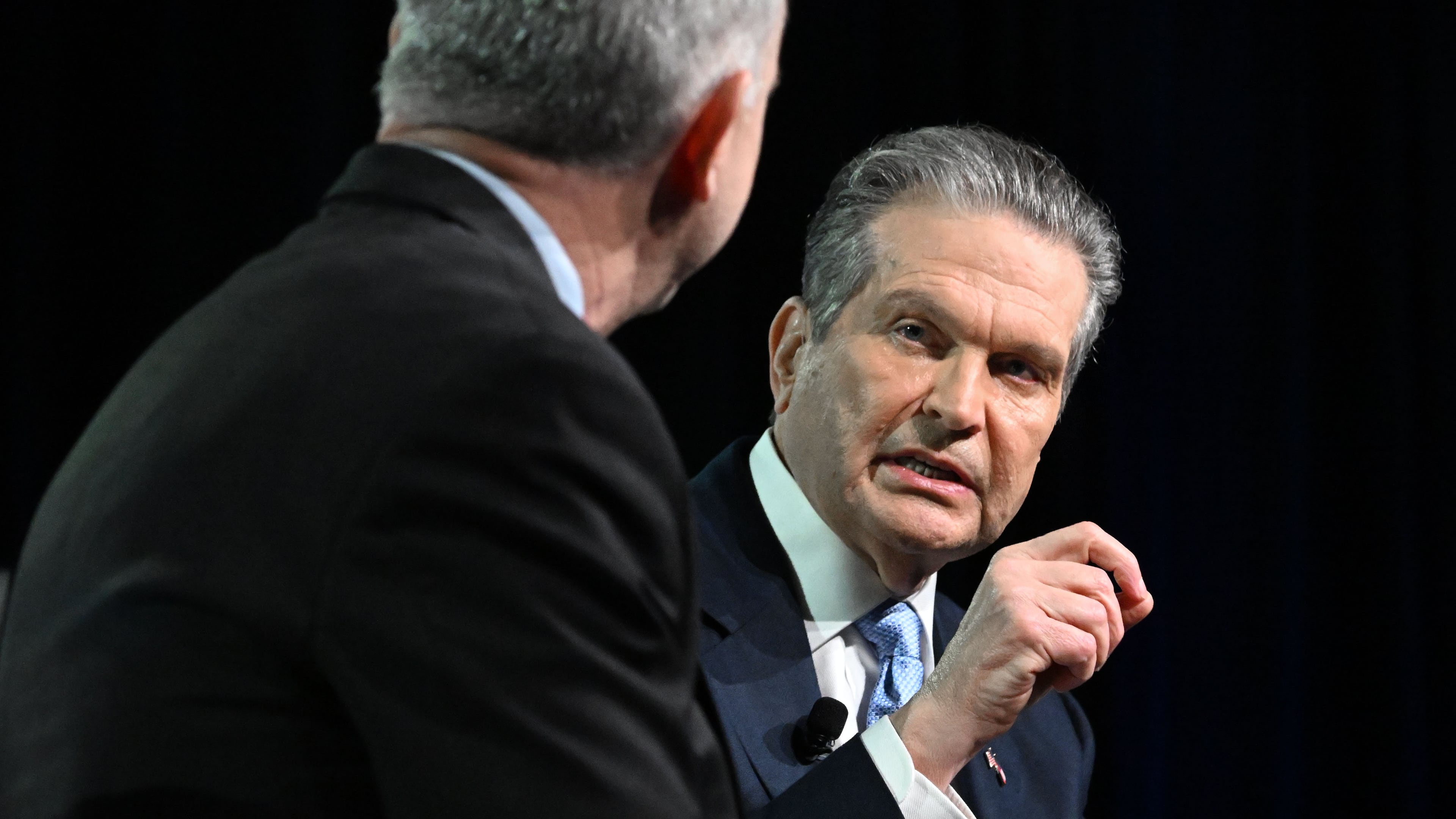 Gubernatorial candidate Rick Jackson (right) speaks with moderator Brian Robinson during the Georgia Chamber congressional luncheon Wednesday, Aug. 5, 2026, at the Classic Center in Athens. (Hyosub Shin/AJC)
