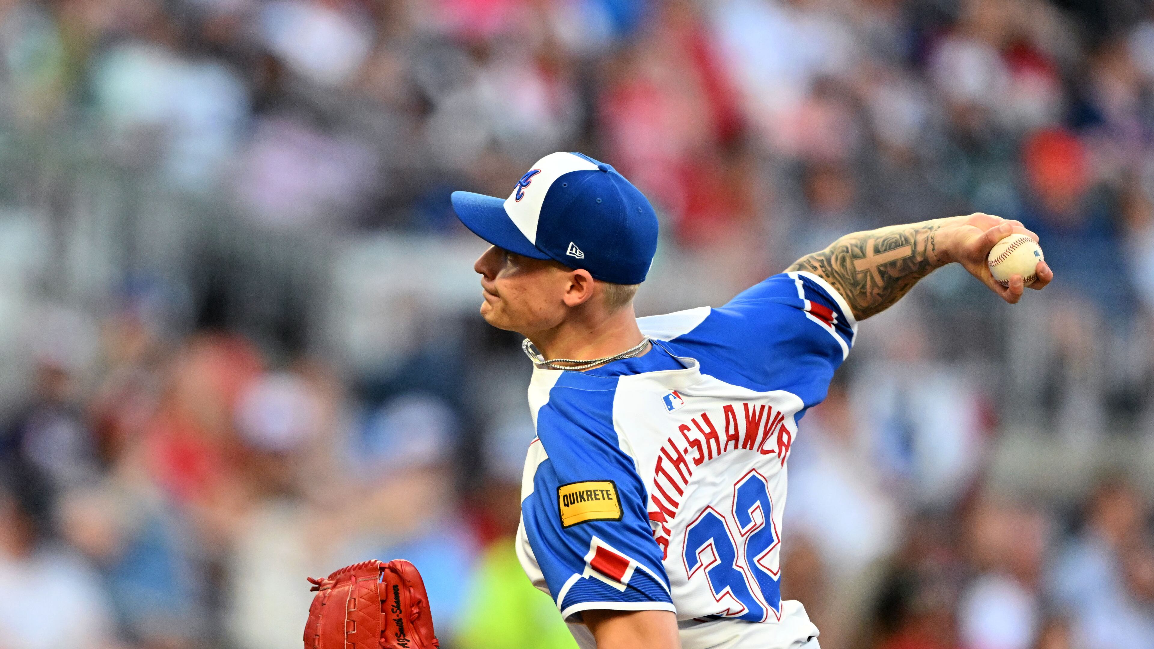 Atlanta Braves pitcher AJ Smith-Shawver (32) throws a pitch against Miami Marlins during the second inning at Truist Park, Saturday, April 5, 2025, in Atlanta. (Hyosub Shin/AJC)