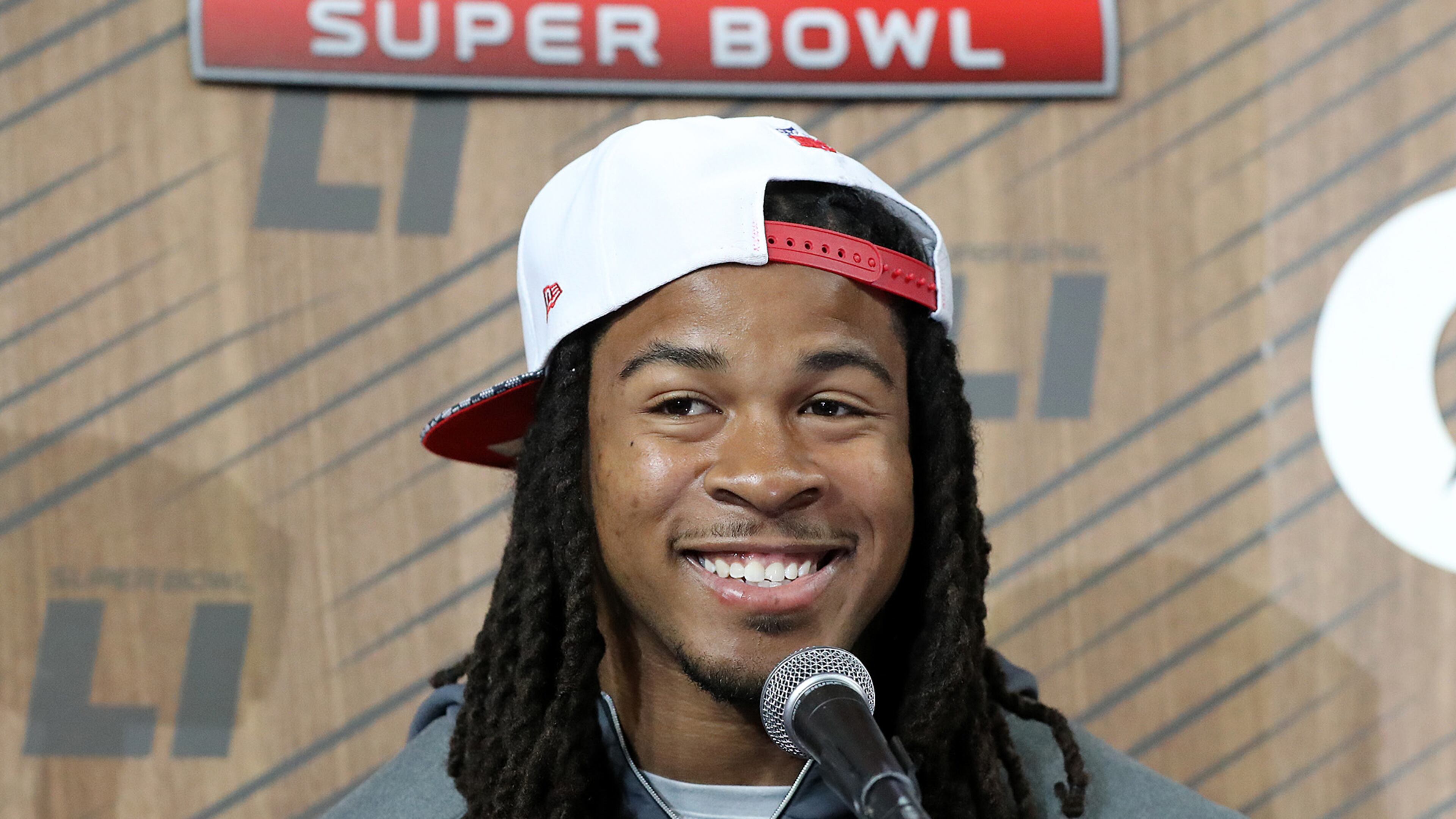 January 30, 2017, Houston: Falcons running back Devonta Freeman reacts to a question with a smile during Super Bowl Opening Night on Monday, Jan. 30, 2017, at Minute Maid Park in Houston. Curtis Compton/ccompton@ajc.com