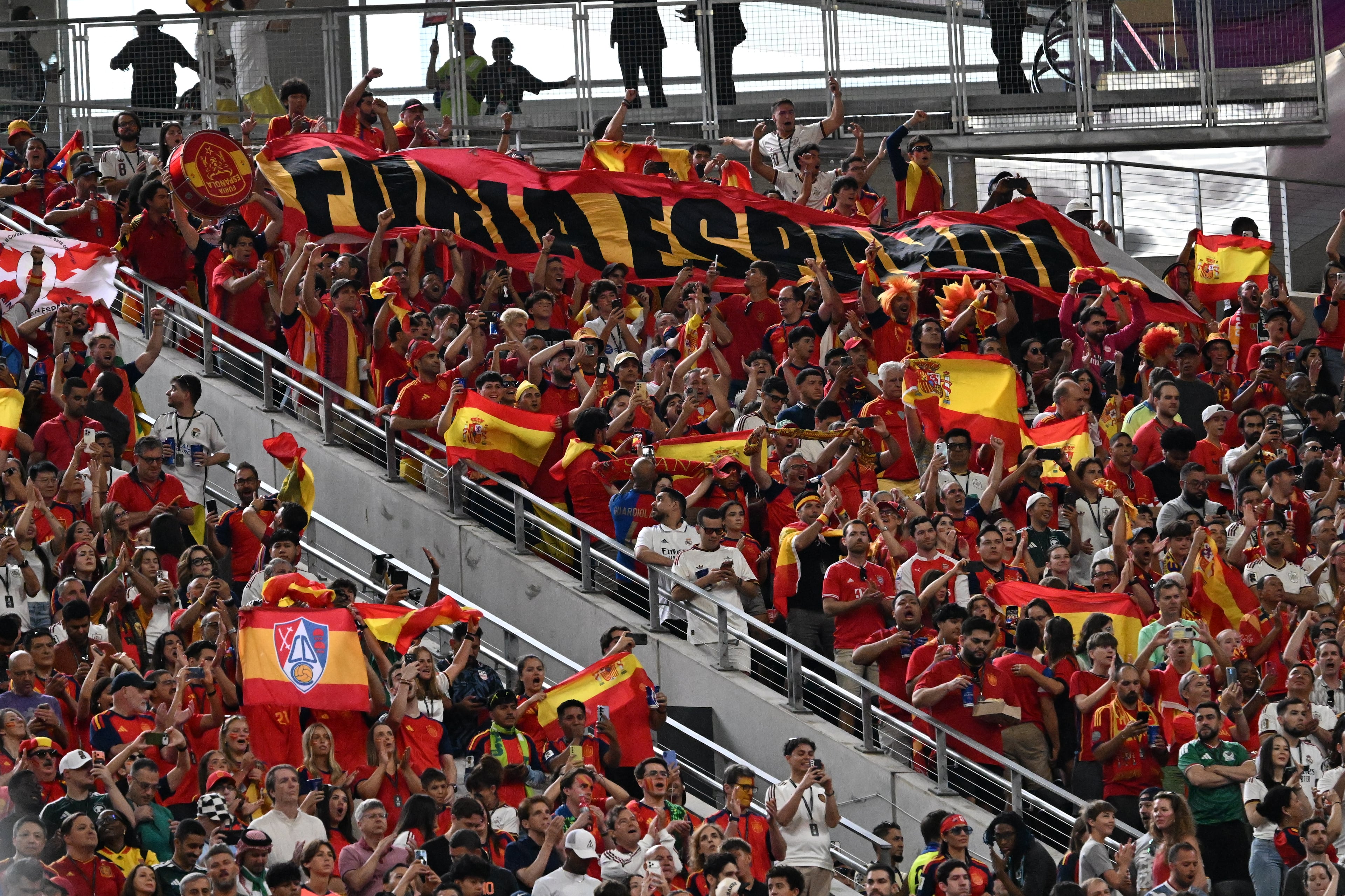 Fans of Spain get ready for the Spain vs. Saudi Arabia World Cup match Sunday, June 21, 2026, at Atlanta Stadium. (Hyosub Shin/AJC)