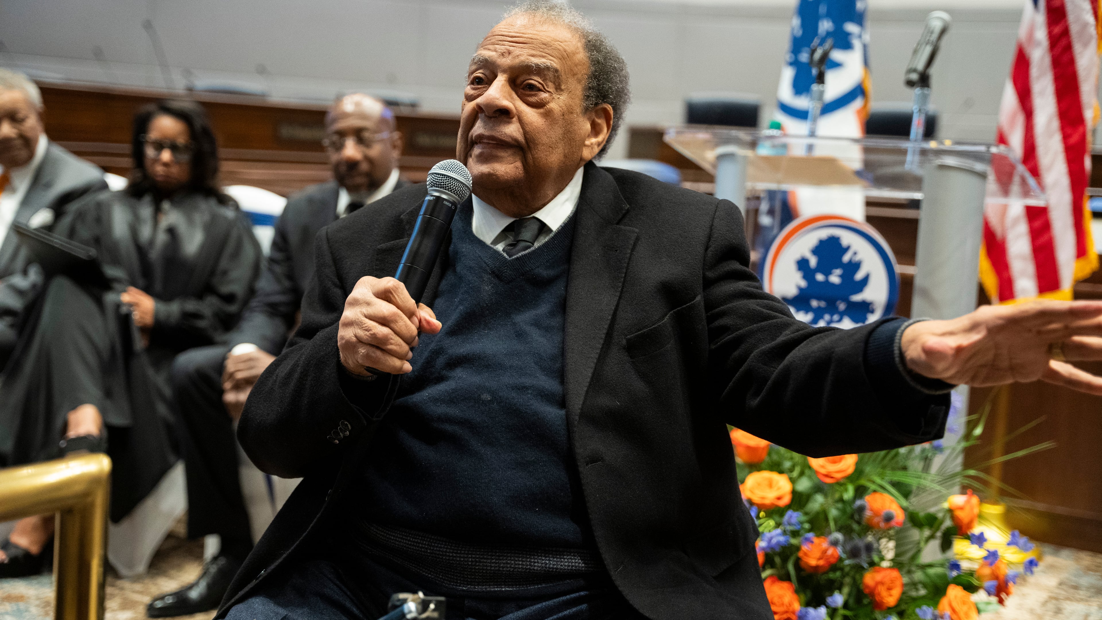 Former Ambassador Andrew Young speaks at Commissioner Moraima Ivory-Martin's swearing in at the Fulton County Government Center Assembly Hall in Atlanta, Georgia on Friday, Jan. 3, 2025. (Olivia Bowdoin for the AJC).