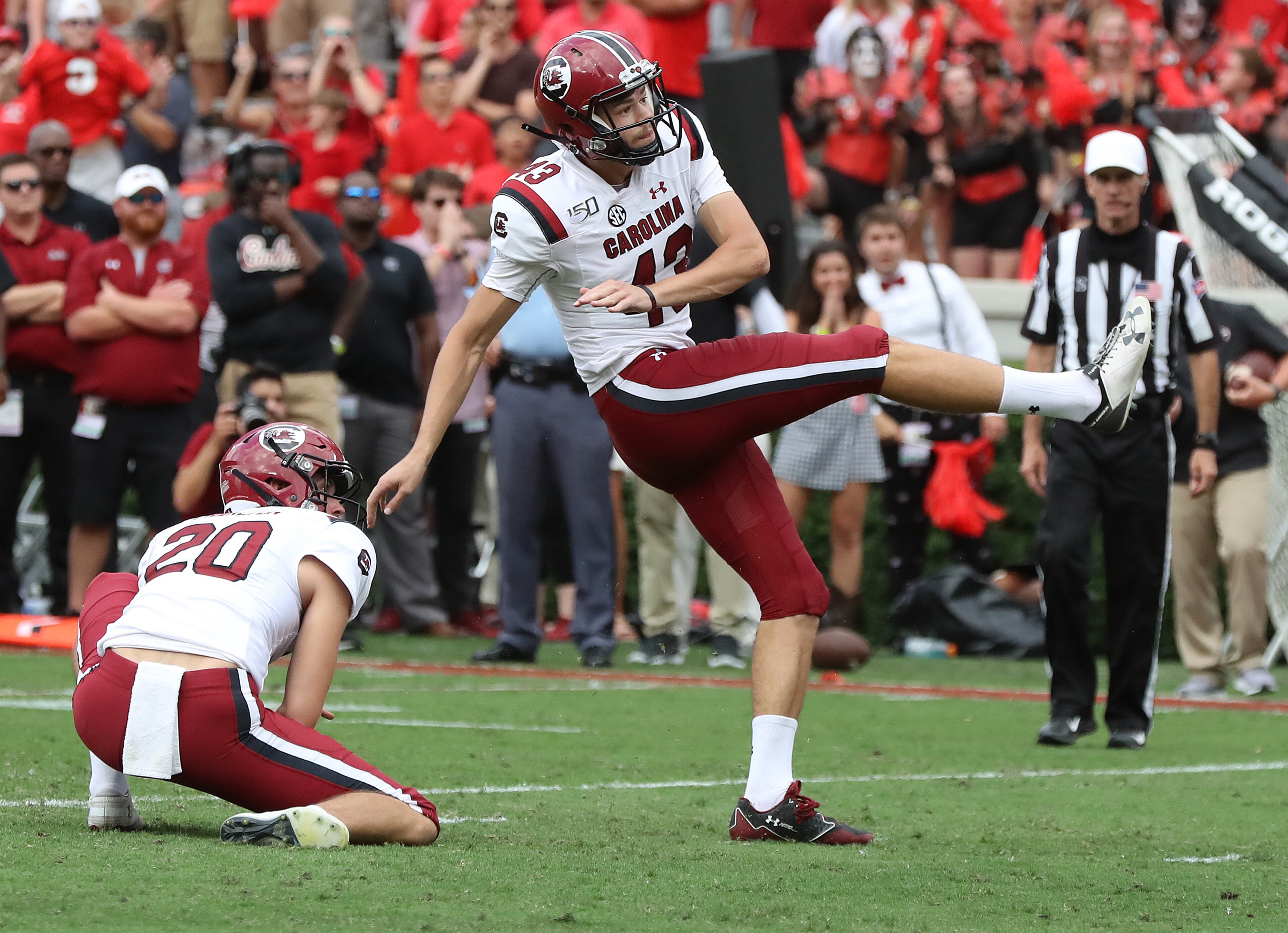 South Carolina kicker Parker White makes what proved to be the winning kick for a 20-17 upset victory over Georgia during double overtime in a NCAA college football game on Saturday, October, 12, 2019, in Athens. Curtis Compton/ccompton@ajc.com