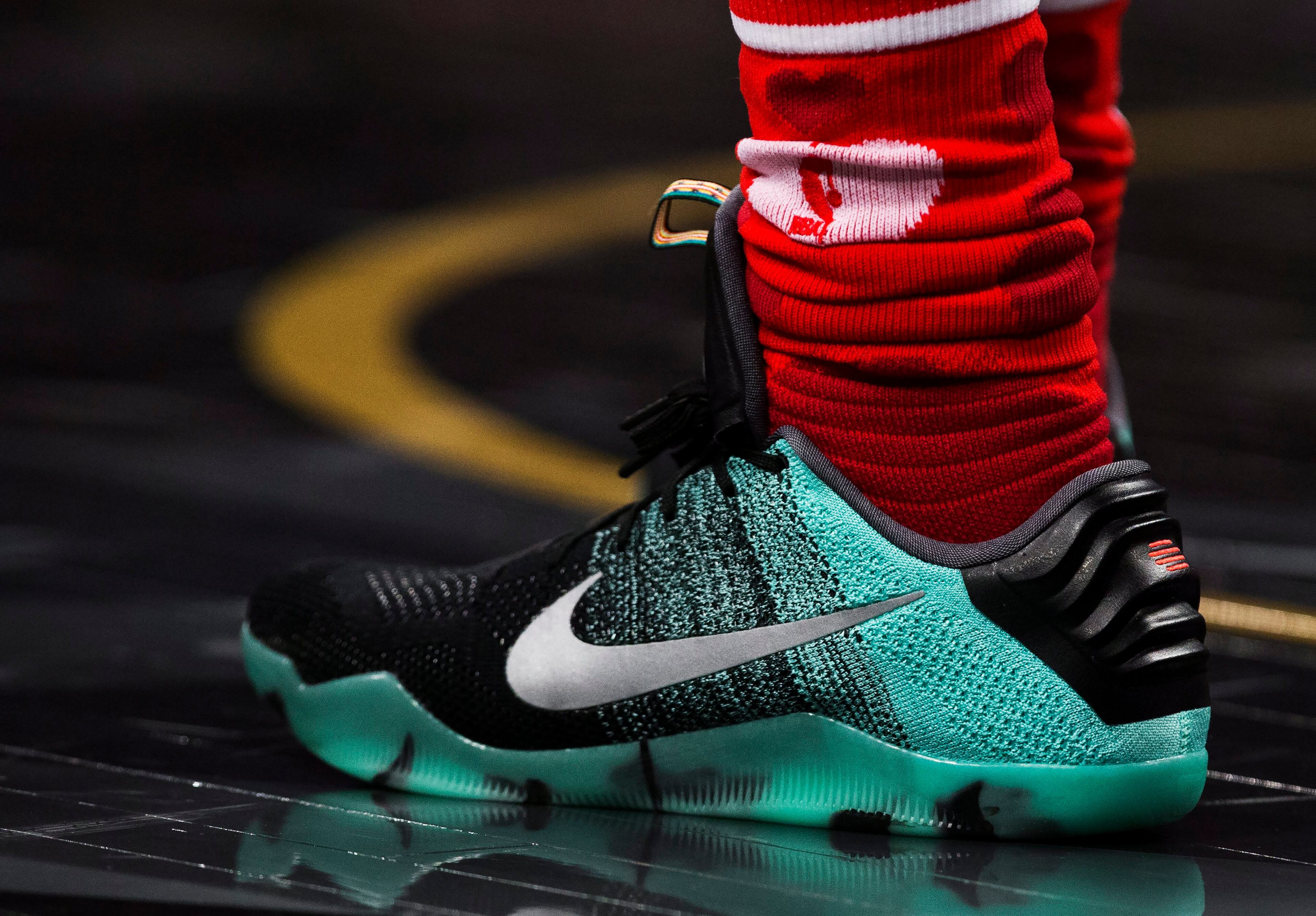 SHOES: Nike Kobe 11 FILE PHOTO - The custom shoes of Western Conference's Kobe Bryant, of the Los Angeles Lakers, (24) are shown during the first half of the NBA all-star basketball game, Sunday, Feb. 14, 2016 in Toronto. (Mark Blinch/The Canadian Press via AP)