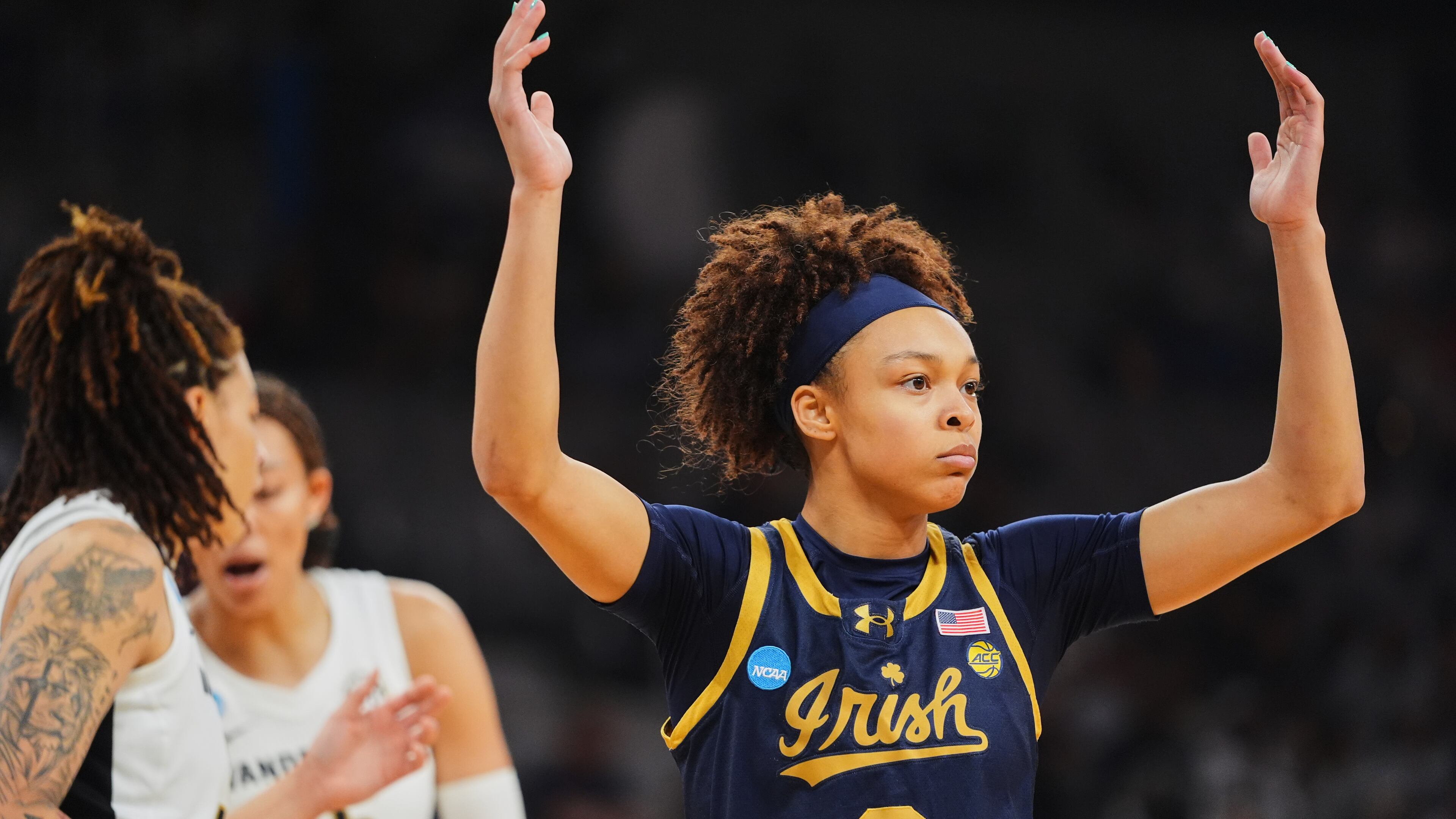 Notre Dame guard Hannah Hidalgo reacts to play against Vanderbilt in the first half in the Sweet 16 of the NCAA college basketball tournament, Friday, March 27, 2026, in Fort Worth, Texas. (AP Photo/LM Otero)
