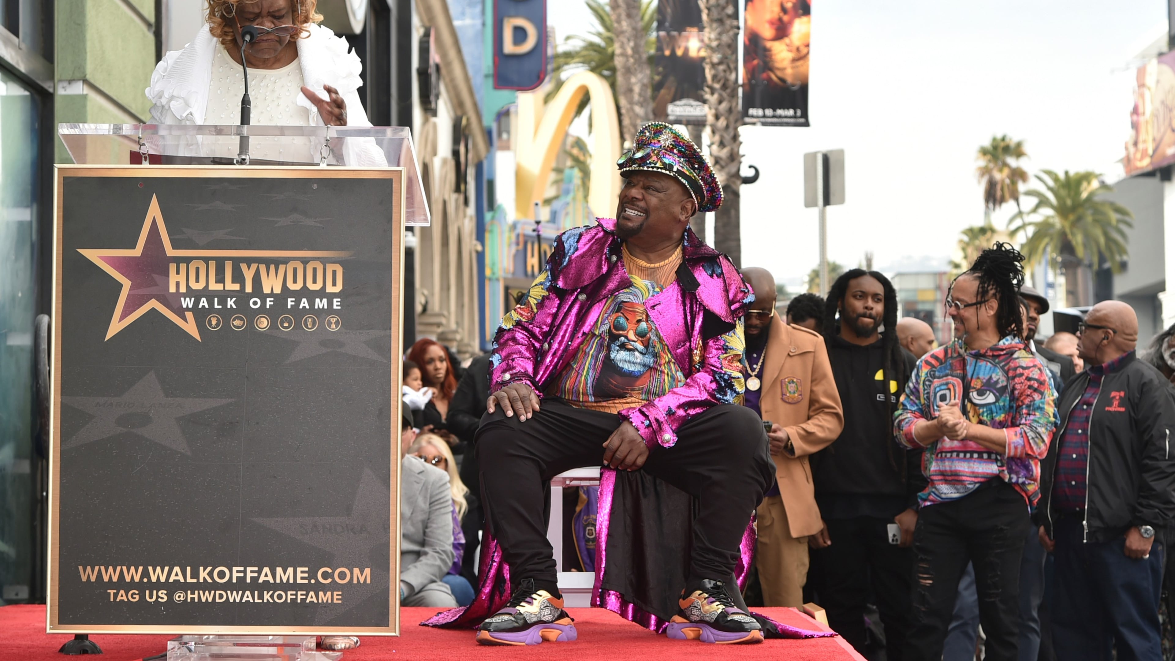 FILE - Janie Bradford, left, and George Clinton attend a ceremony honoring Clinton with a star on the Hollywood Walk of Fame, Jan. 19, 2024, in Los Angeles. (Photo by Richard Shotwell/Invision/AP, File)