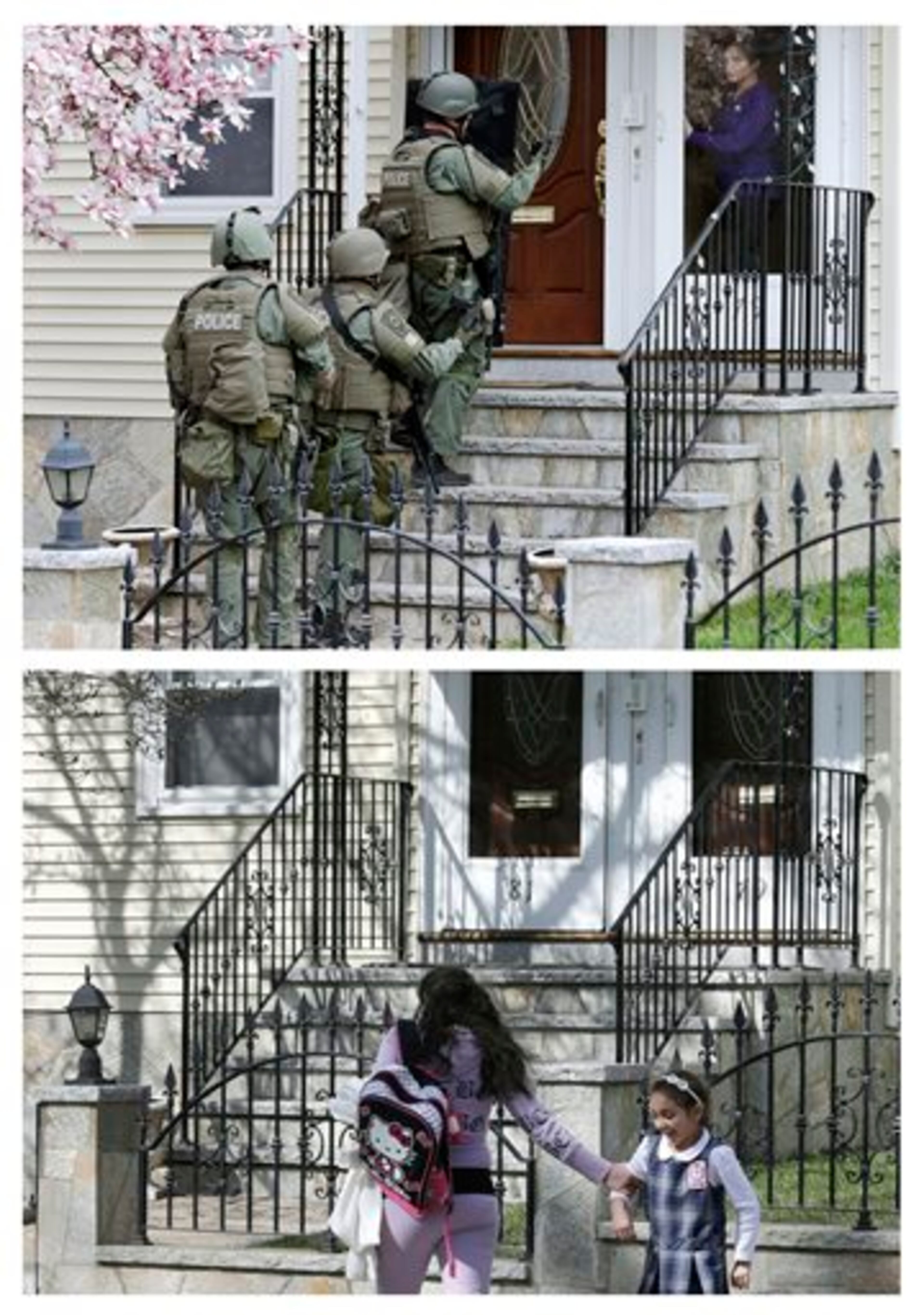 This combination of April 19, 2013 and April 9, 2014 photos show police going door-to-door as they searched for Boston Marathon bombing suspect Dzhokhar Tsarnaev in Watertown, Mass., and a child walking past the same home after school almost a year later. (AP Photo/Charles Krupa)