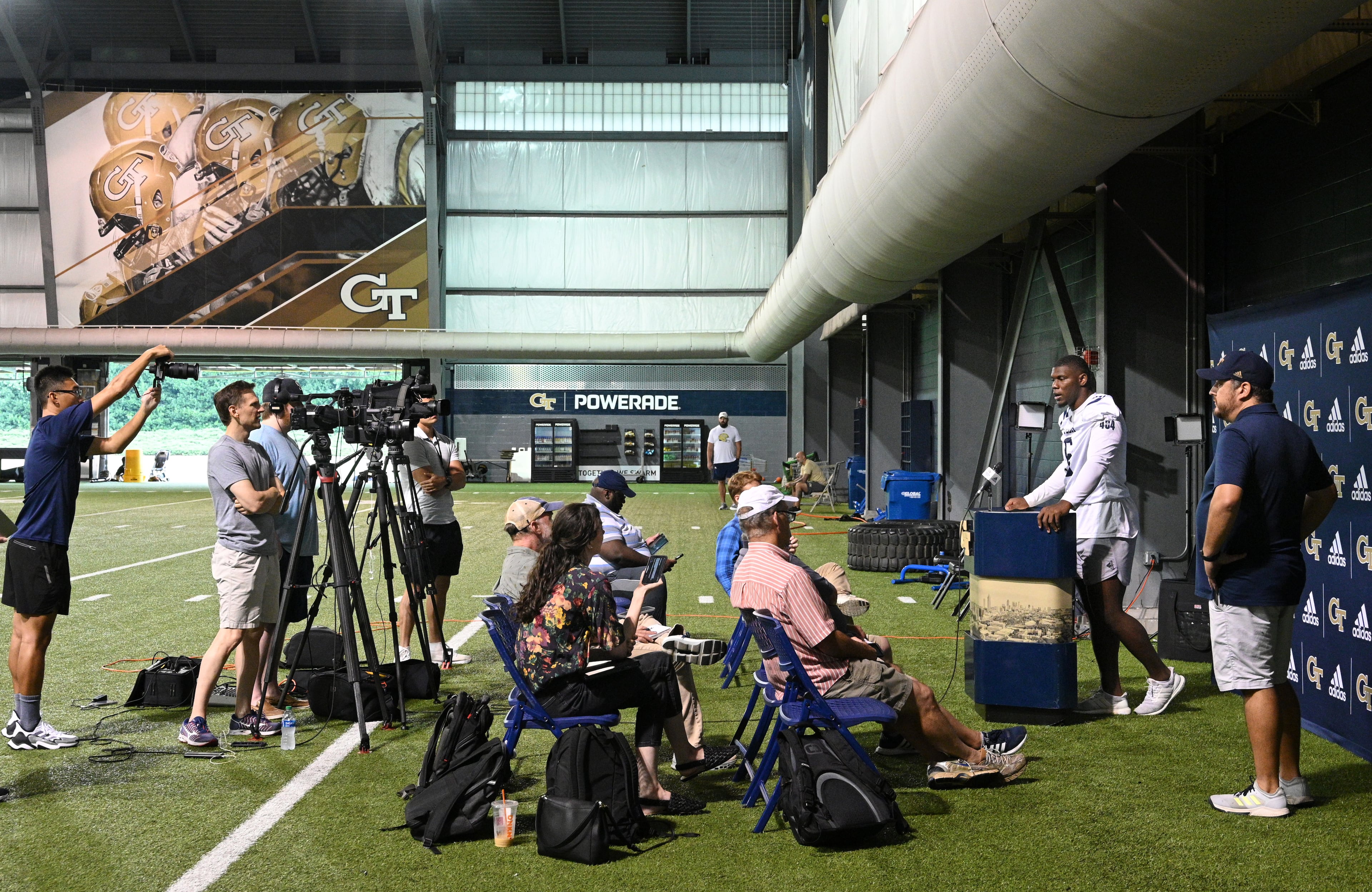 Georgia Tech's defensive lineman Keion White (6) speaks to members of the press during Georgia Tech Football Media Day at Rose Bowl Field on Georgia Tech Campus in Atlanta on Saturday, August 6 2022. (Hyosub Shin / Hyosub.Shin@ajc.com)