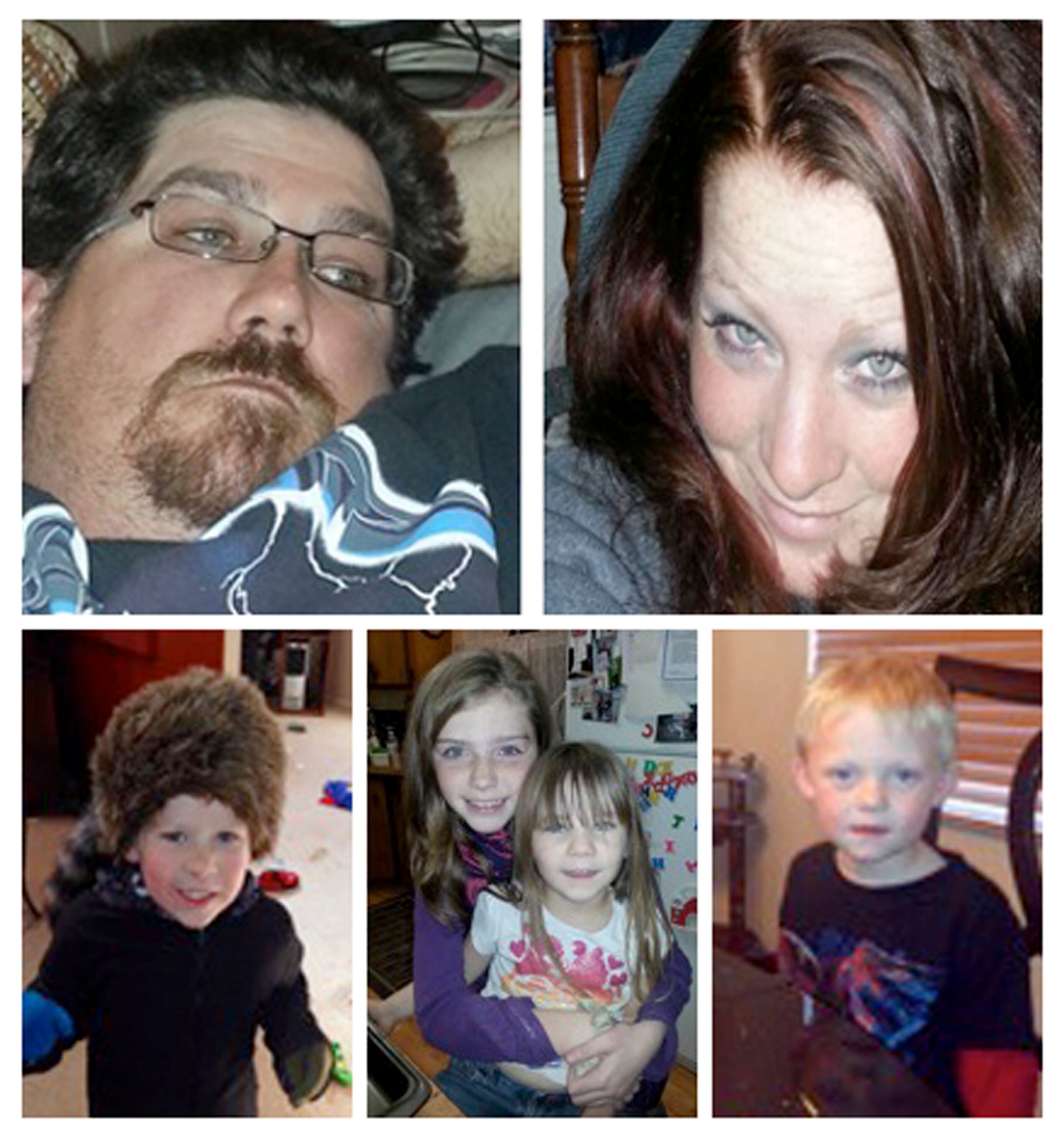 A combination photo shows (clockwise from top left) James Glanton, 34, Christina McIntee, 25, Tate McIntee, Chloe Glanton, Shelby Fitzpatrick and Evan Glanton from the Pershing County Sheriff's Office handout photos released on December 10, 2013. A Nevada couple and four young children reported missing on Sunday in a remote mountain range northeast of Reno were found safe by rescue workers on Tuesday huddled in a canyon, a dispatch supervisor for the Pershing County Sheriff's Office said. REUTERS/Pershing County Sheriff's Office/Handout