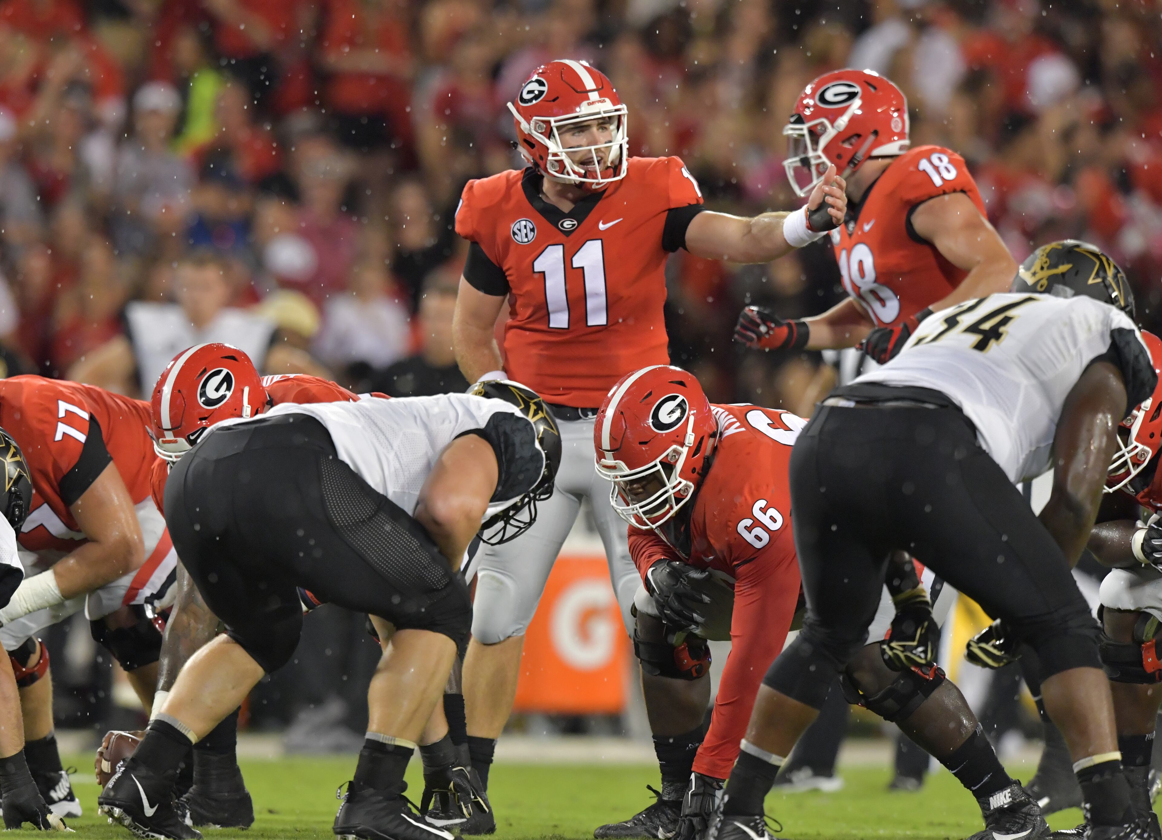 October 6, 2018 Athens - Georgia quarterback Jake Fromm (11) instructs in the first half during a NCAA college football game at Sanford Stadium in Athens on Saturday, October 6, 2018. HYOSUB SHIN / HSHIN@AJC.COM