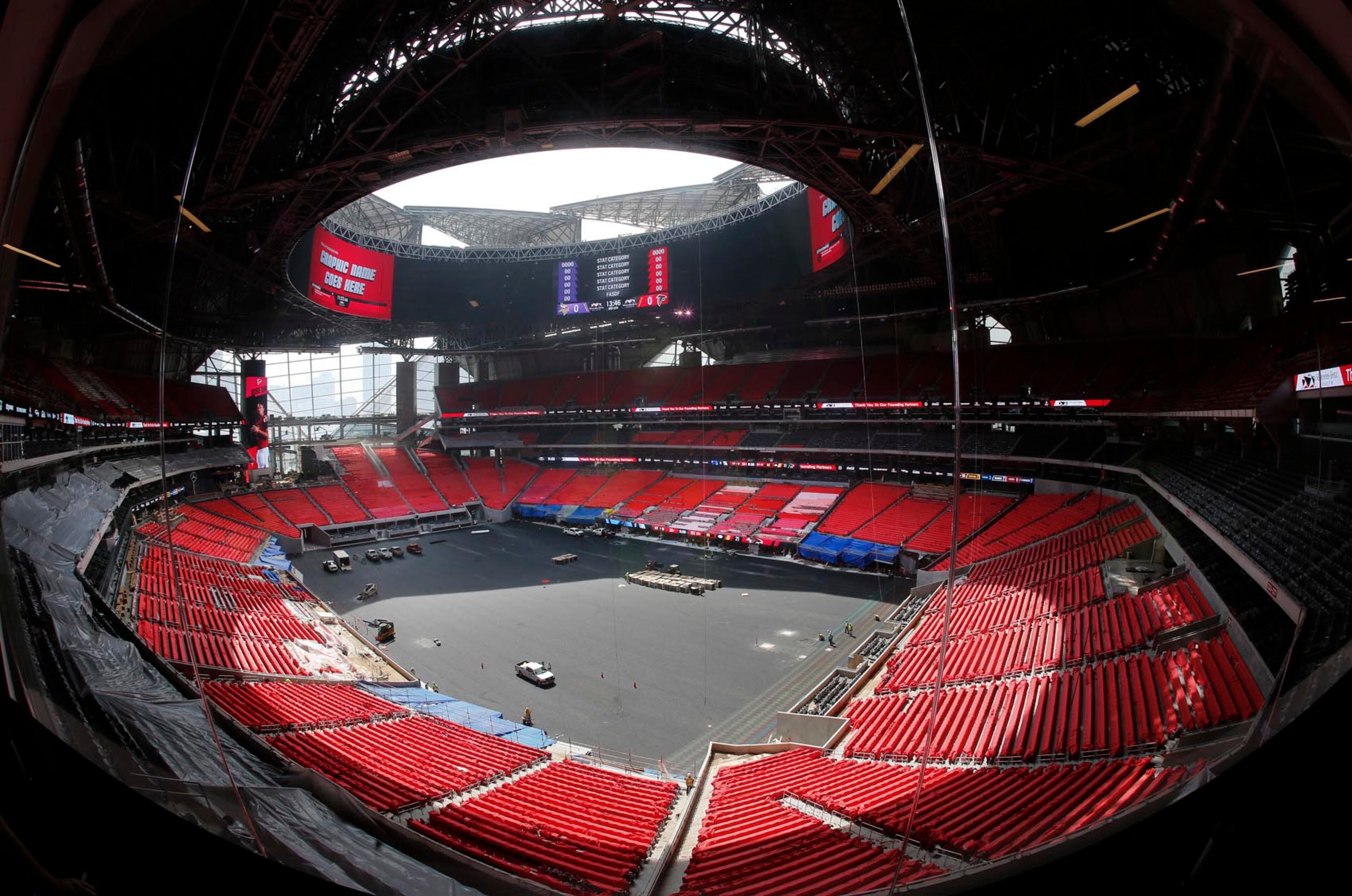 The field is shown during a tour of Mercedes Benz Stadium, the new home of the Atlanta Falcons football team and the Atlanta United soccer team, Tuesday, July 25, 2017, in Atlanta. (AP Photo/John Bazemore)