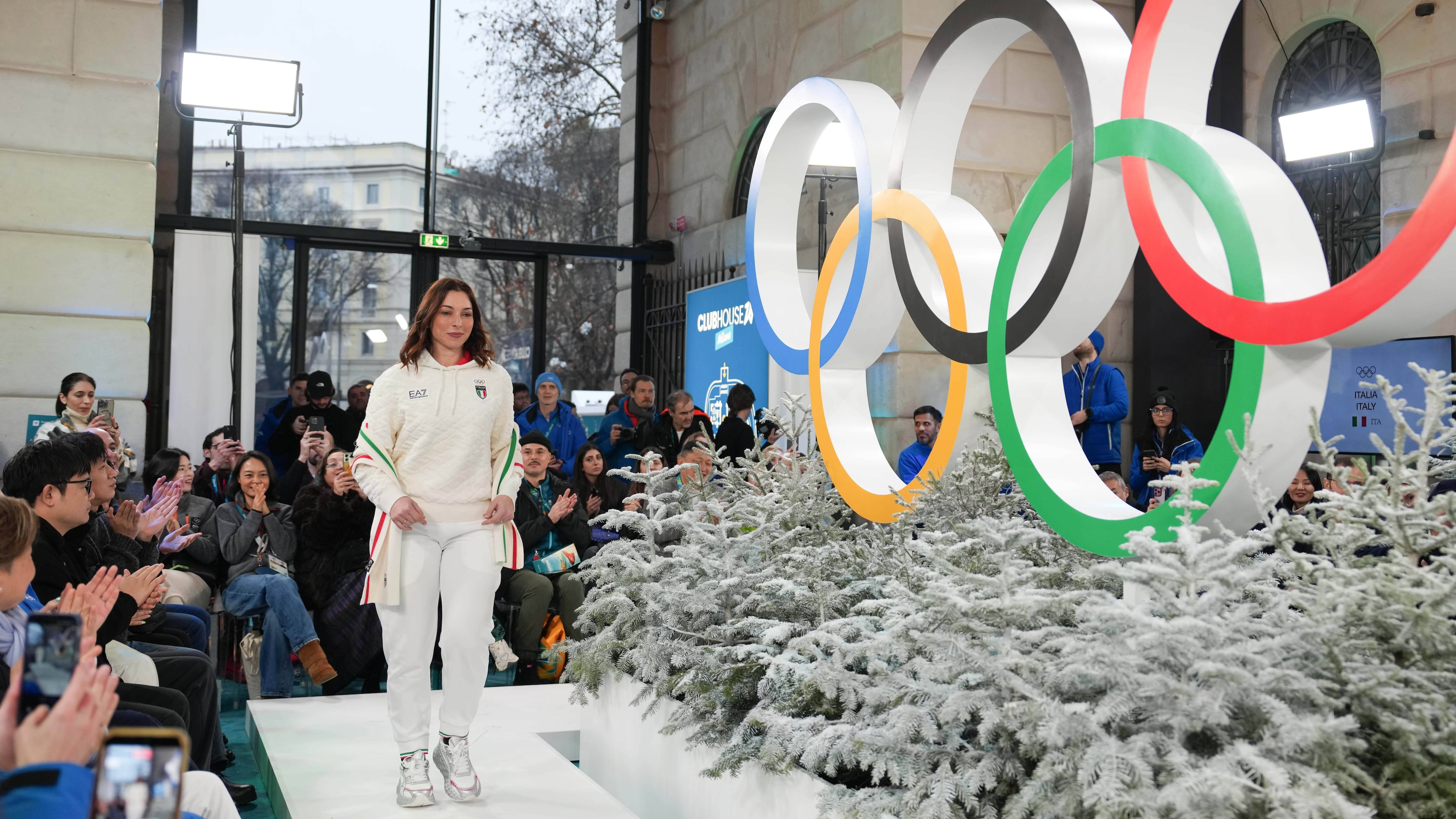 Mara Navarria of Italy presents an outfit during a fashion show ahead of the 2026 Winter Olympics, in Milan, Italy, Wednesday, Feb. 4, 2026. (Xue Yuge/Pool Photo via AP)