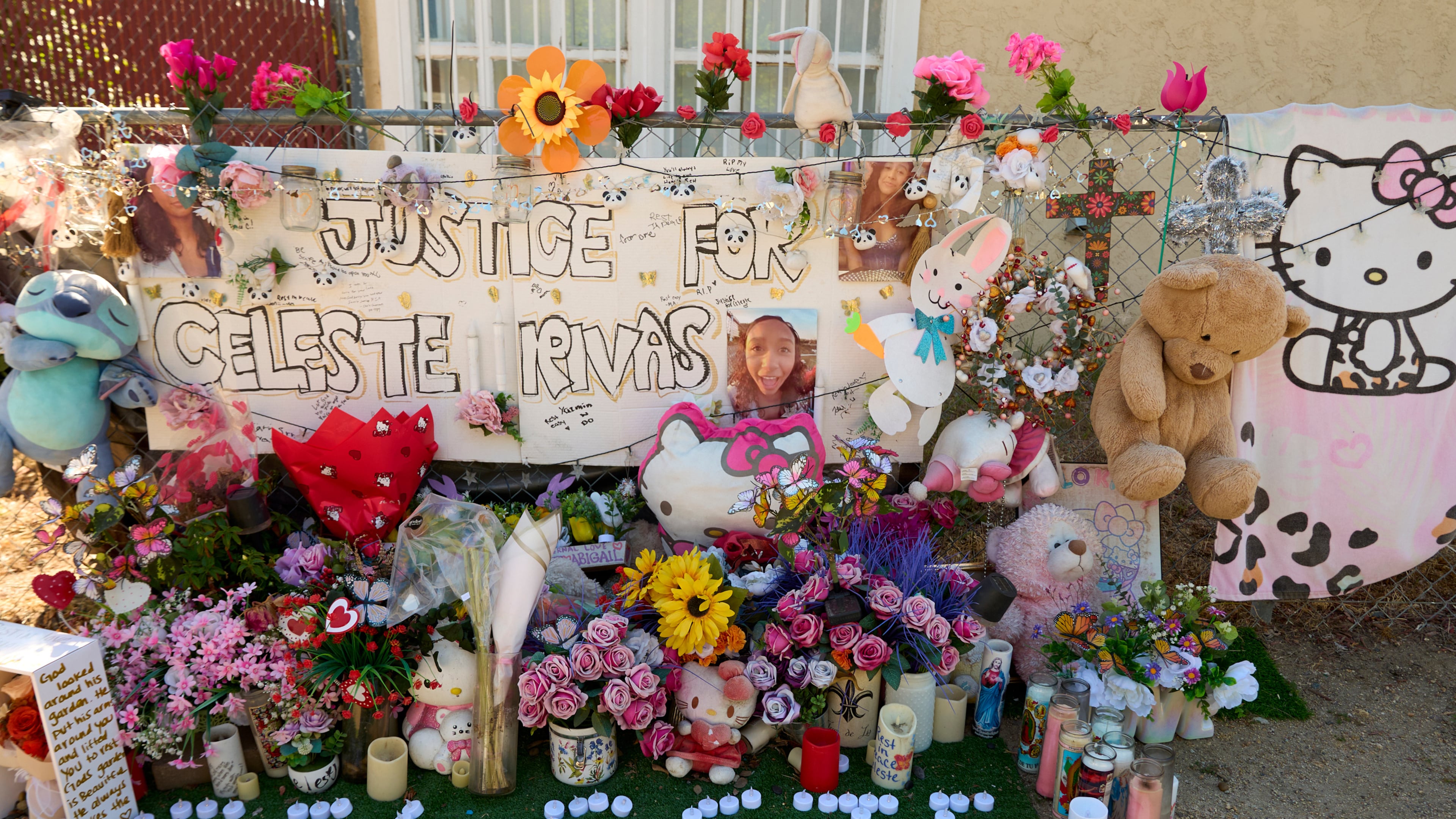 FILE - A makeshift Memorial for Celeste Rivas Hernandez, who was killed and found inside a vehicle owned by singer D4vd, is placed outside her home in Lake Elsinore, Calif., on April 21, 2026. (AP Photo/Damian Dovarganes, file)