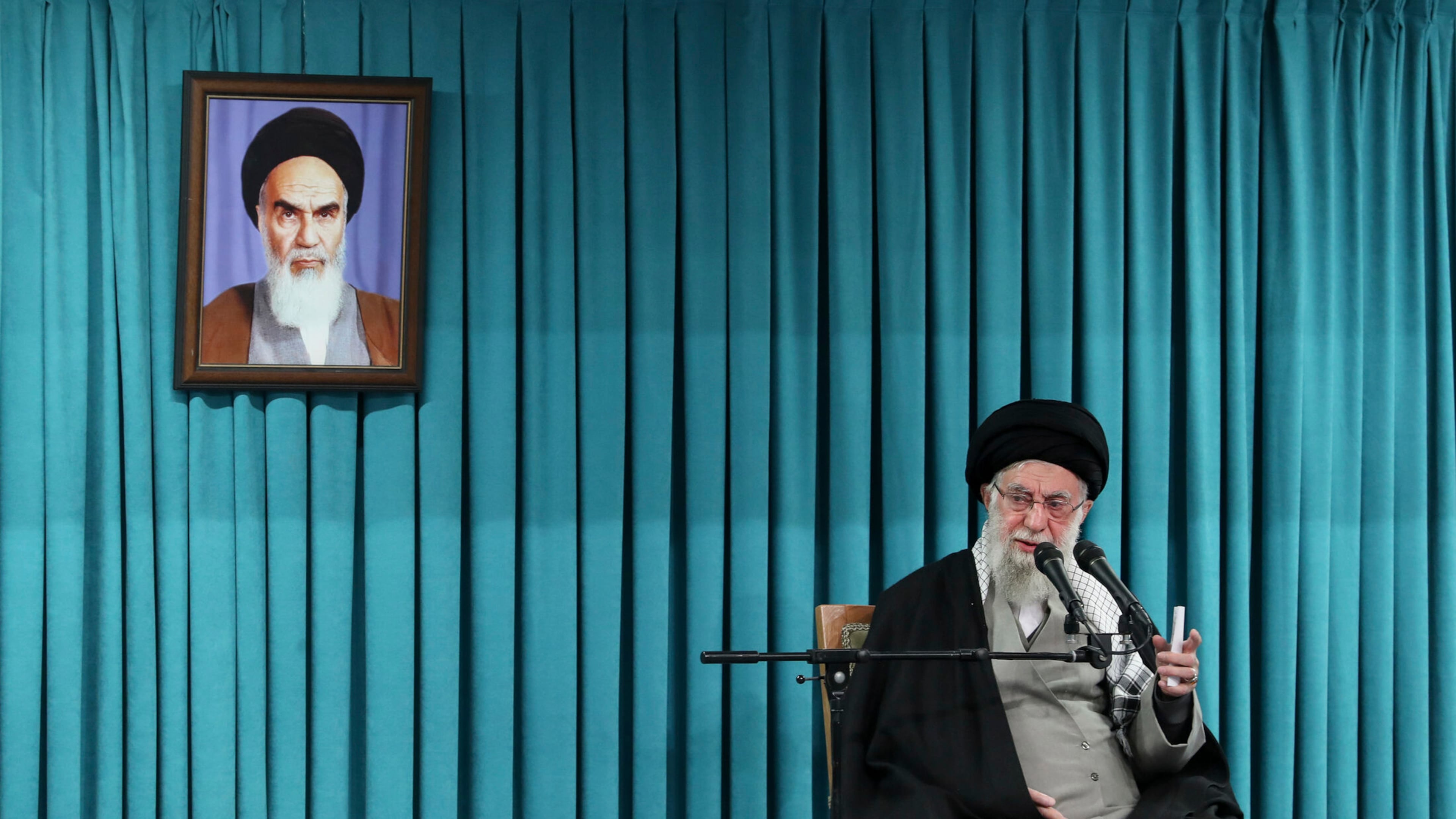 FILE - In this photo released by the official website of the office of the Iranian supreme leader, Supreme Leader Ayatollah Ali Khamenei speaks under a portrait of the late revolutionary founder Ayatollah Khomeini, in a ceremony meeting a group of officials, in Tehran, Iran, March 8, 2025. (Office of the Iranian Supreme Leader via AP, File)