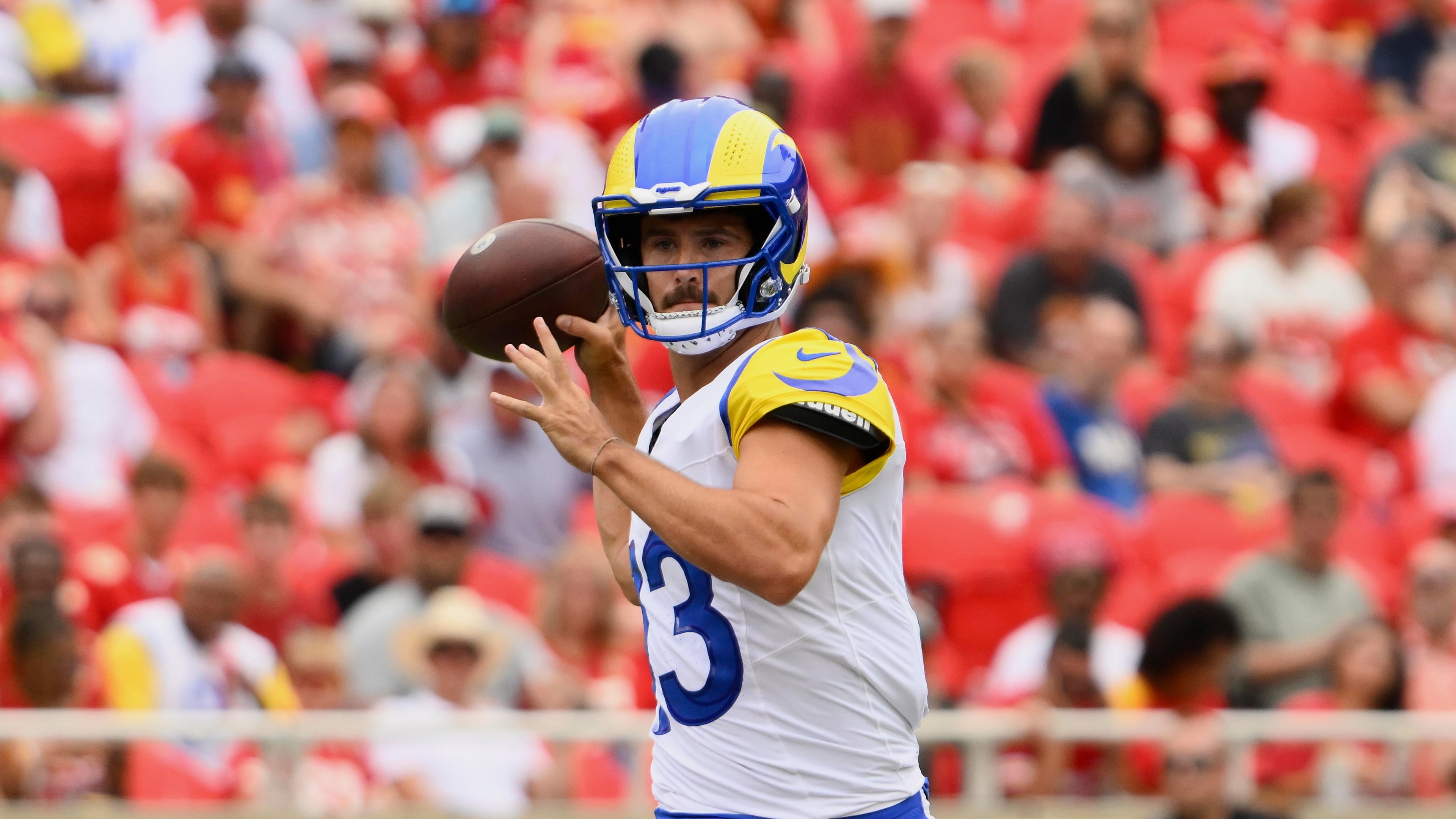 Los Angeles Rams quarterback Stetson Bennett IV looks to throw during an NFL preseason football game against the Kansas City Chiefs in Kansas City, Mo., Saturday, Aug. 15, 2026. (Reed Hoffmann/AP)