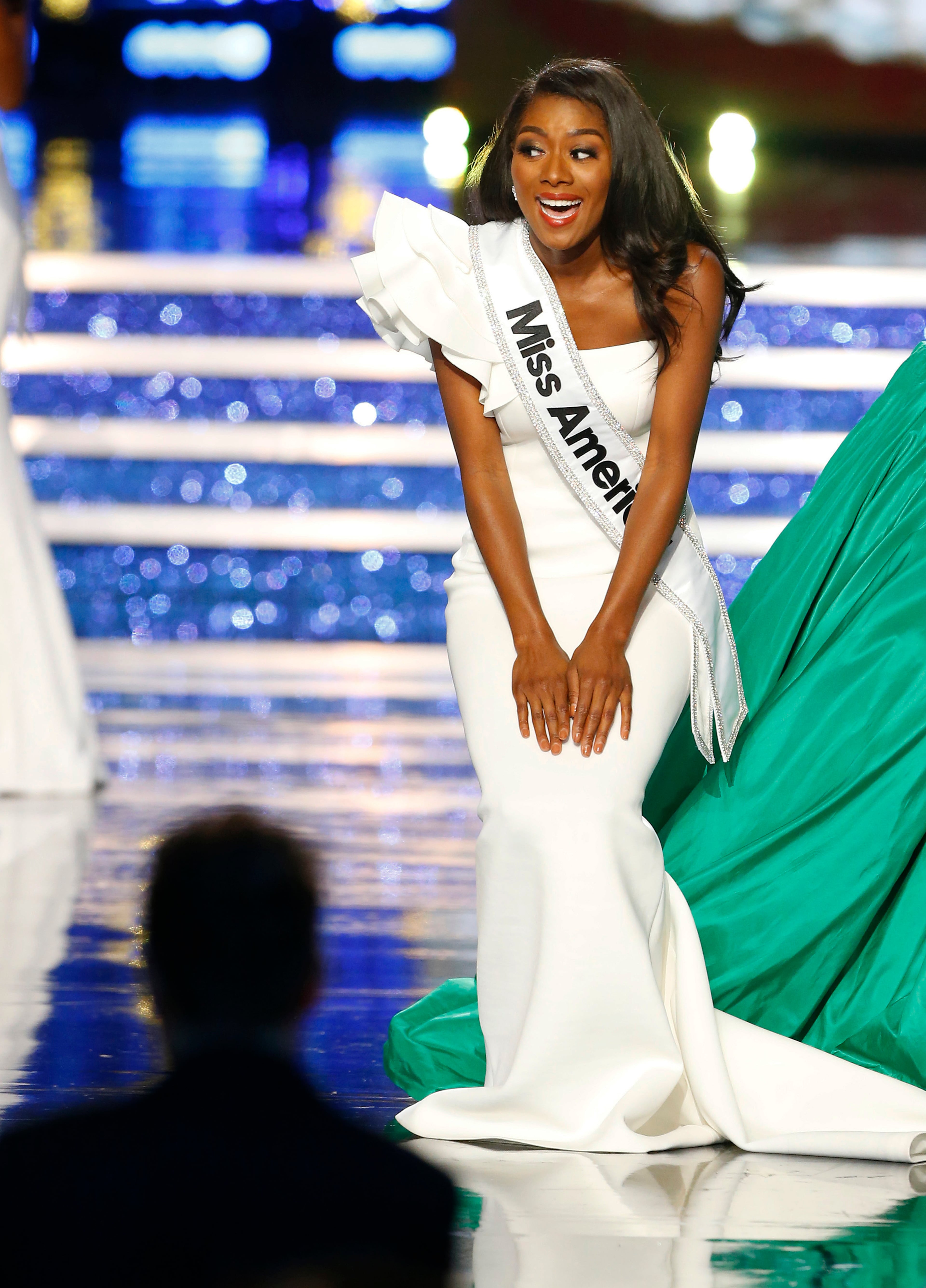 Miss New York Nia Franklin reacts after being named Miss America 2019, Sunday, Sept. 9, 2018, in Atlantic City, N.J. (AP Photo/Noah K. Murray)