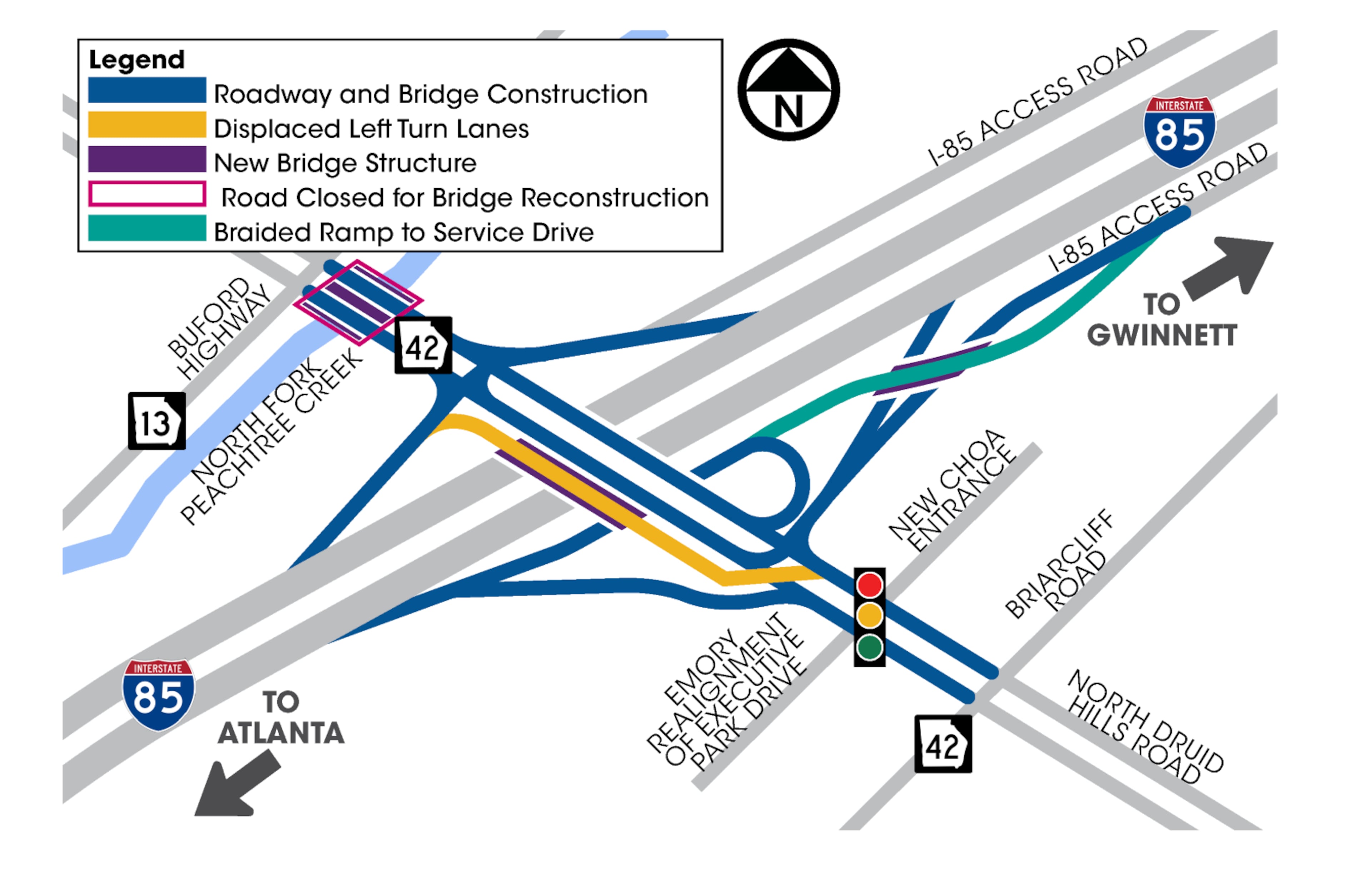 GDOT recently finished work at the intersection of North Druid Hills Road and I-85. The new roadway includes what is known as a displaced left turn lane, which creates a signaled intersection for left-turning drivers that is separate from drivers going straight. This type of intersection is meant to reduce collisions. (Georgia Department of Transportation)