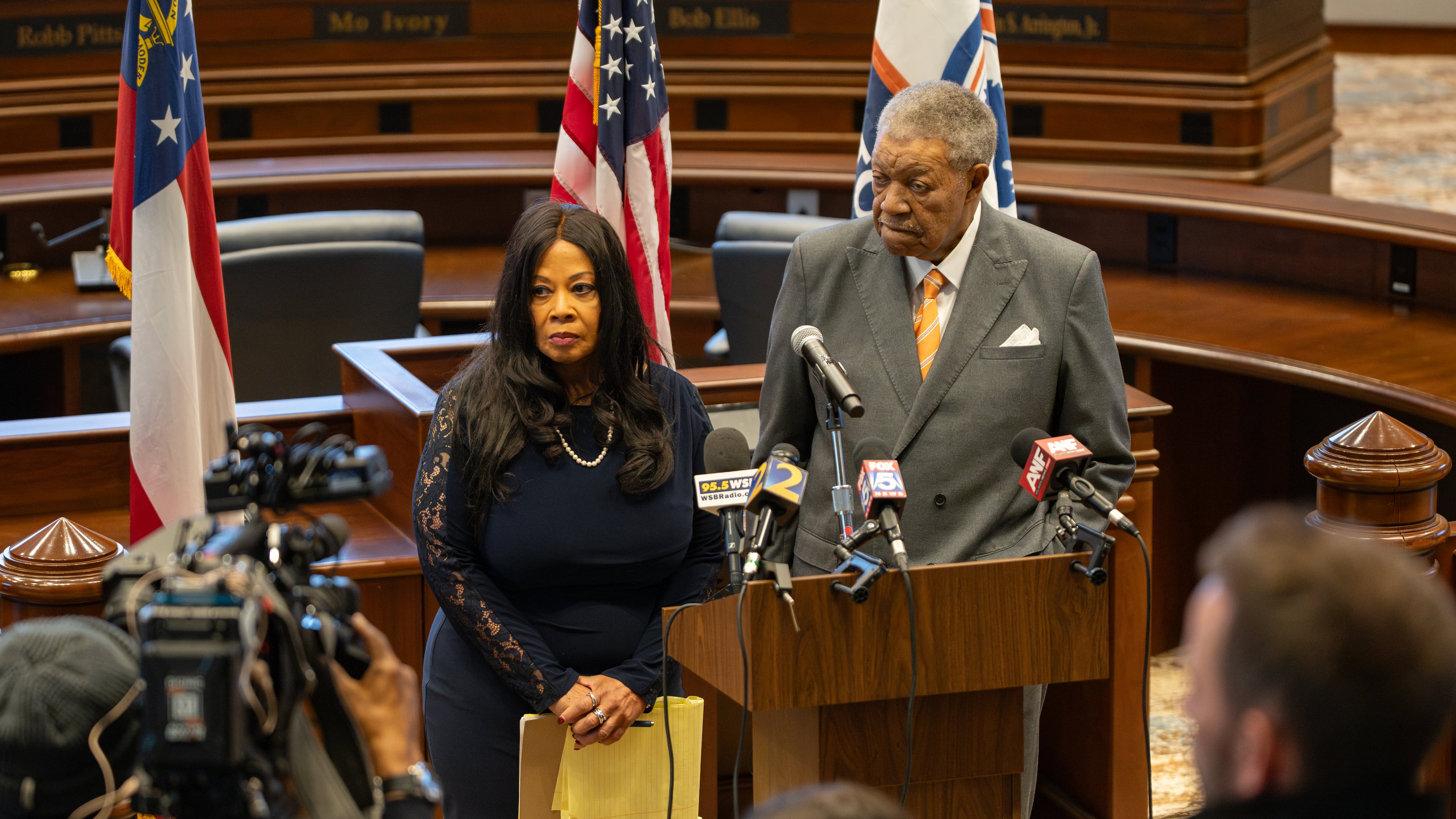 Fulton County Election Board Chair Sherri Allen and Fulton County Board of Commissioners Chairman Robb Pitts address a press conference on the FBI raid on the Fulton County Elections Hub in reference to the 2020 presidential election. Thursday, Jan 29, 2026 (Ben Hendren for the AJC)