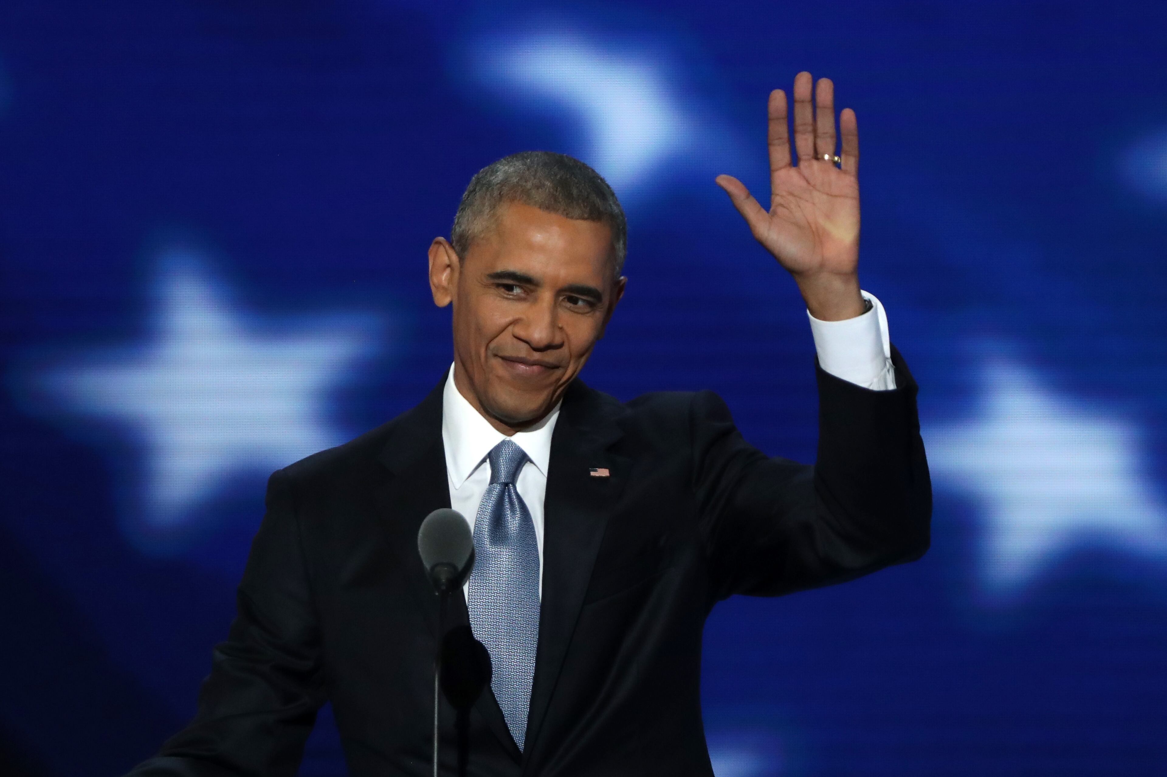 President Barack Obama acknowledges the crowd as he arrives on the third day of the Democratic National Convention at the Wells Fargo Center, July 27, 2016 in Philadelphia, Pennsylvania. Democratic presidential candidate Hillary Clinton received the number of votes needed to secure the party's nomination. An estimated 50,000 people are expected in Philadelphia, including hundreds of protesters and members of the media. The four-day Democratic National Convention kicked off July 25. (Photo by Alex Wong/Getty Images)