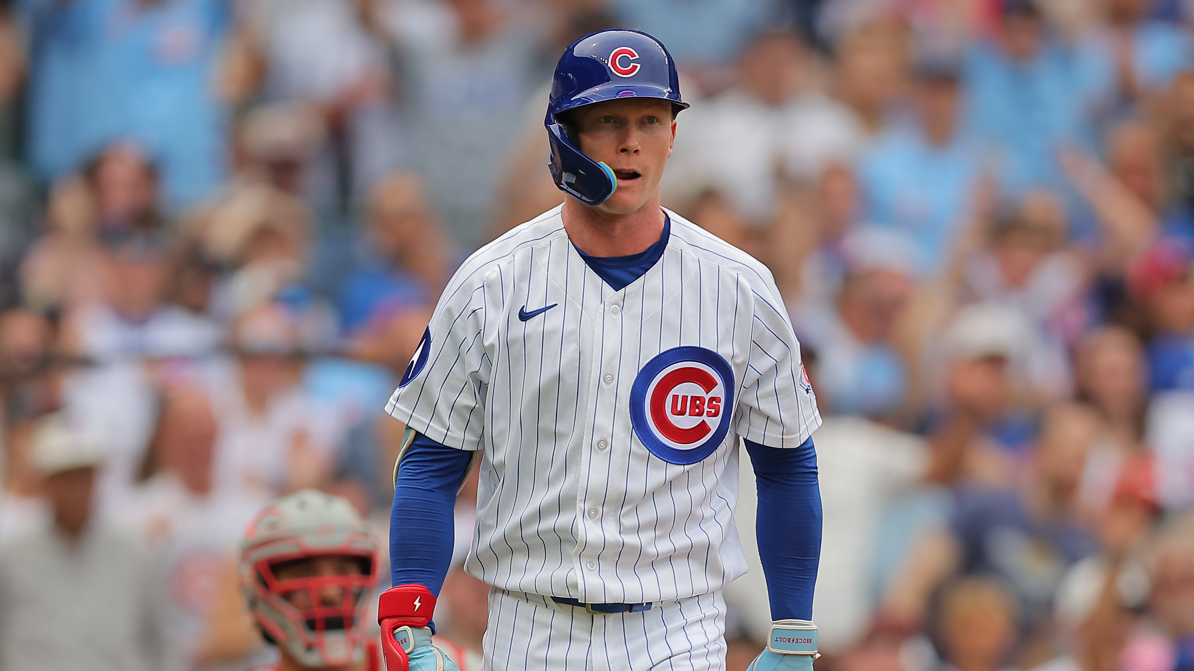Chicago Cubs' Pete Crow-Armstrong watches his two-run home run during the second inning of a baseball game against the Cincinnati Reds, Saturday, Aug. 29, 2026, in Chicago. (AP Photo/Melissa Tamez)