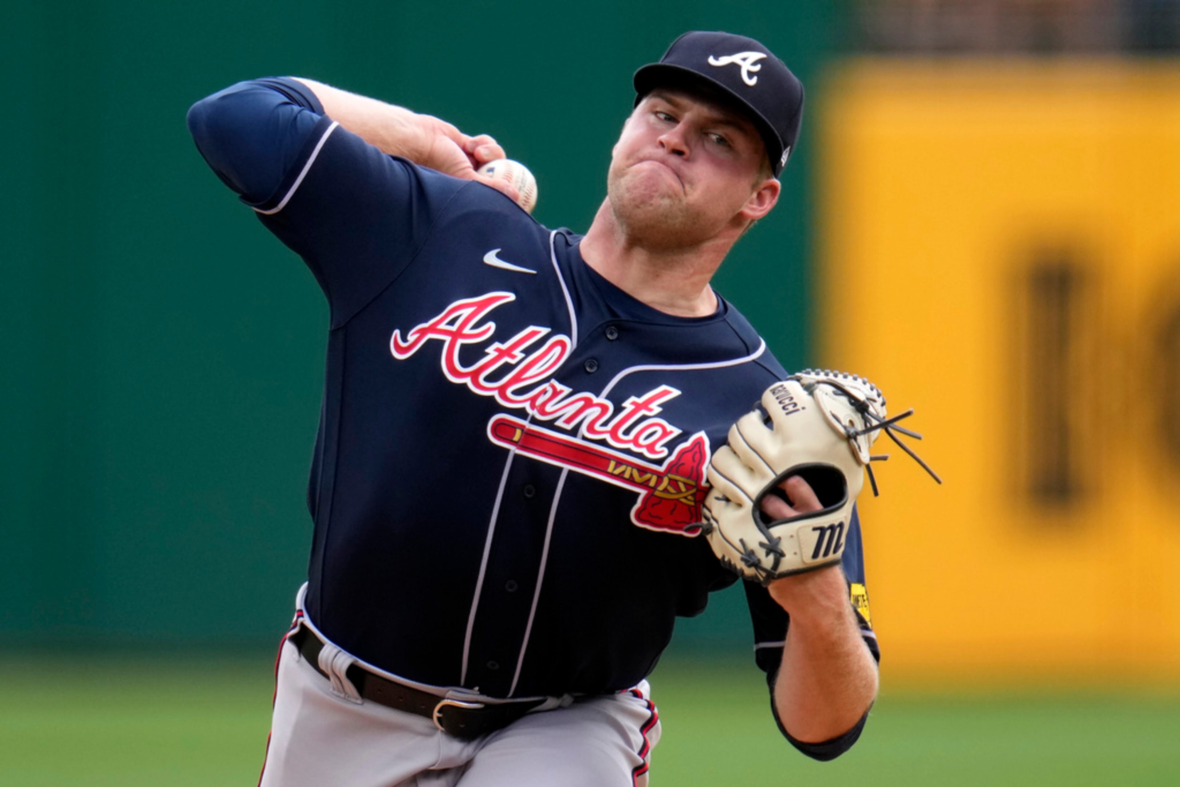 Atlanta Braves starting pitcher Bryce Elder delivers during the first inning of a baseball game against the Pittsburgh Pirates in Pittsburgh, Thursday, Aug. 10, 2023. (AP Photo/Gene J. Puskar)