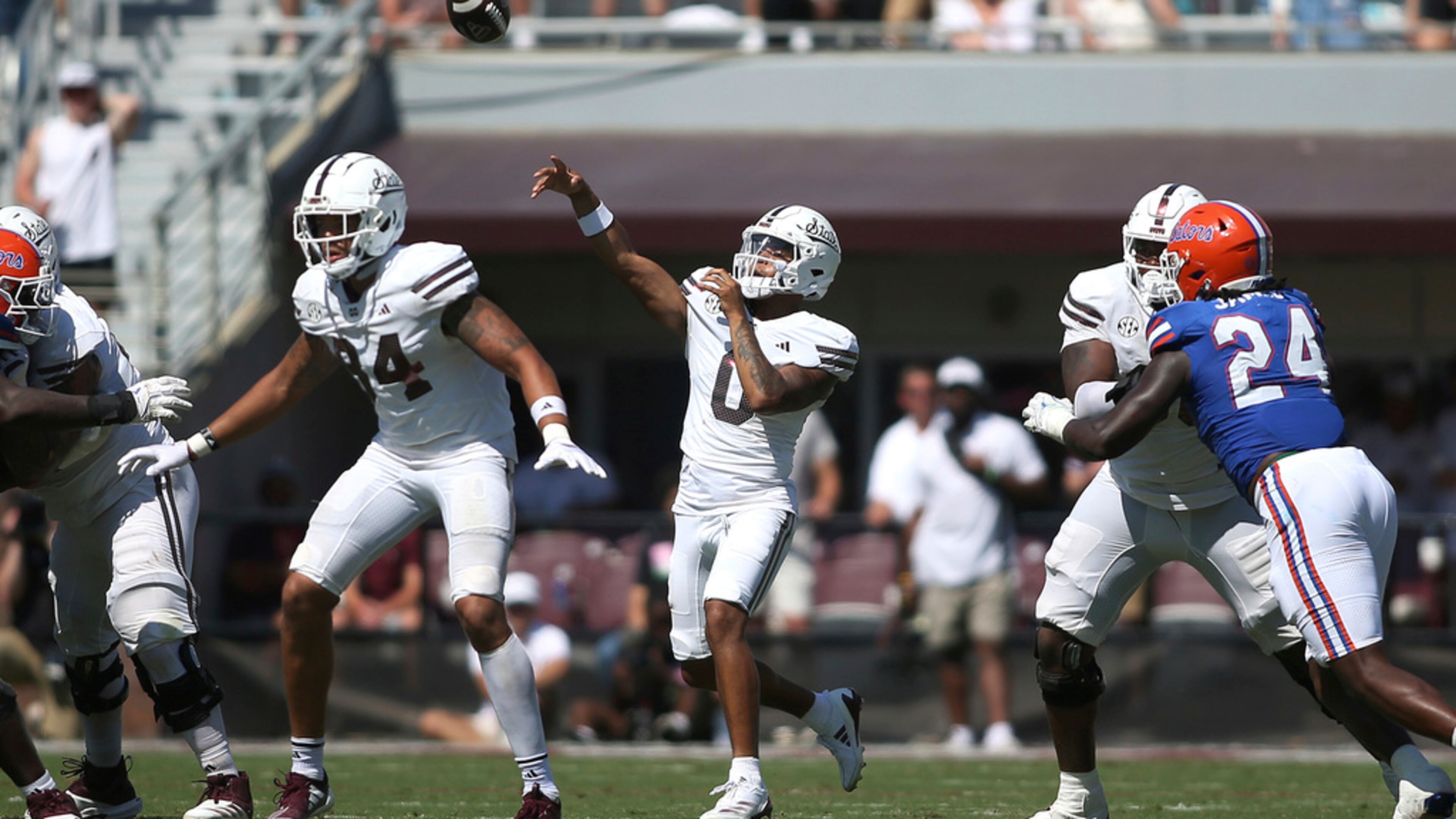 Mississippi State quarterback Michael Van Buren Jr. (0) throws a pass against Florida during the second half of an NCAA college football game in Starkville, Miss., Saturday, Sept. 21, 2024. Florida won 45-28. (AP Photo/James Pugh)