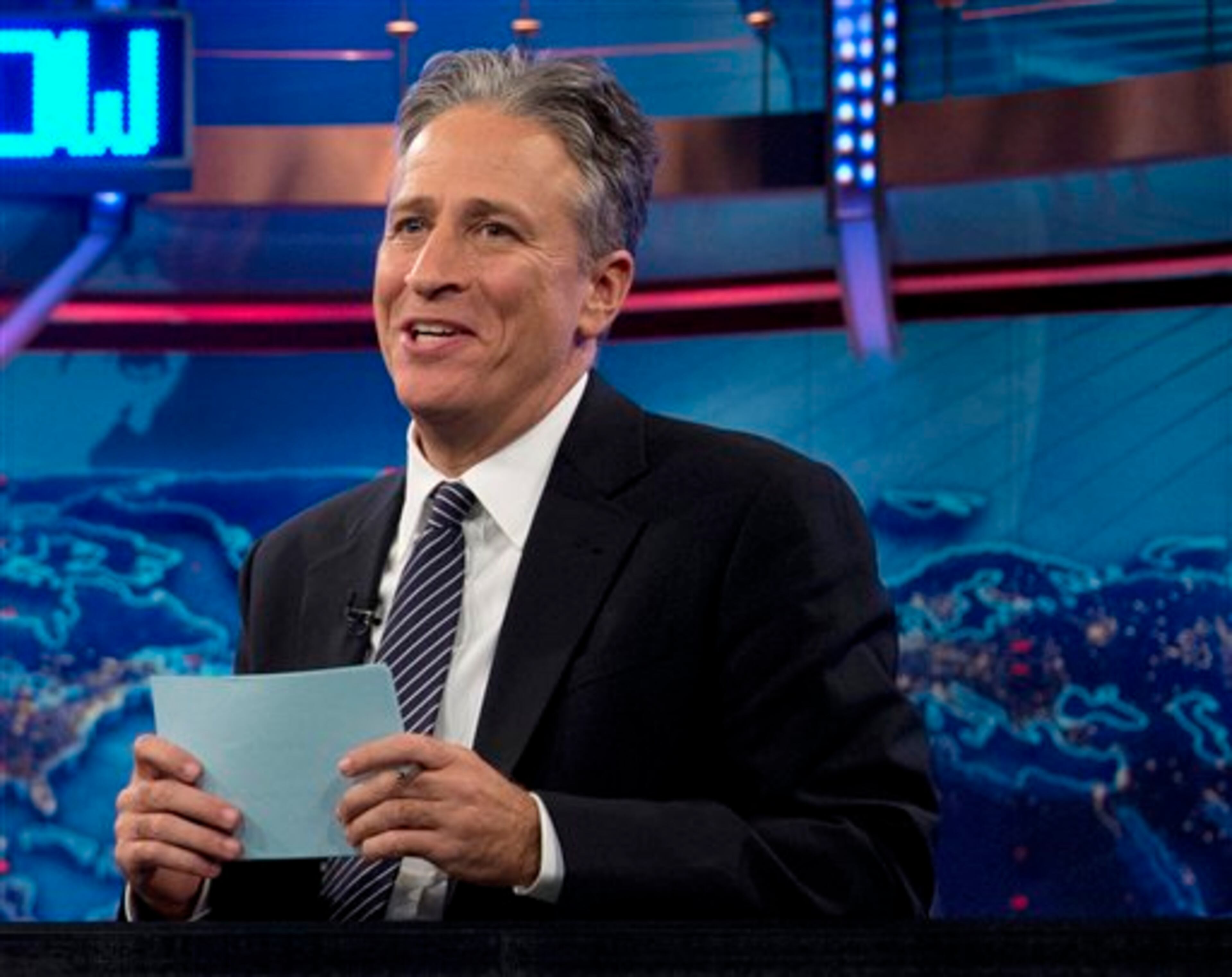 FILE - In this Oct. 18, 2012 file photo, Jon Stewart speaks during a taping of "The Daily Show with John Stewart", in New York. The U.S. Embassy in Cairo has at least temporarily shut down its Twitter feed following an unusual diplomatic incident involving "The Daily Show" host Jon Stewart and the Egyptian government. (AP Photo/Carolyn Kaster, file)
