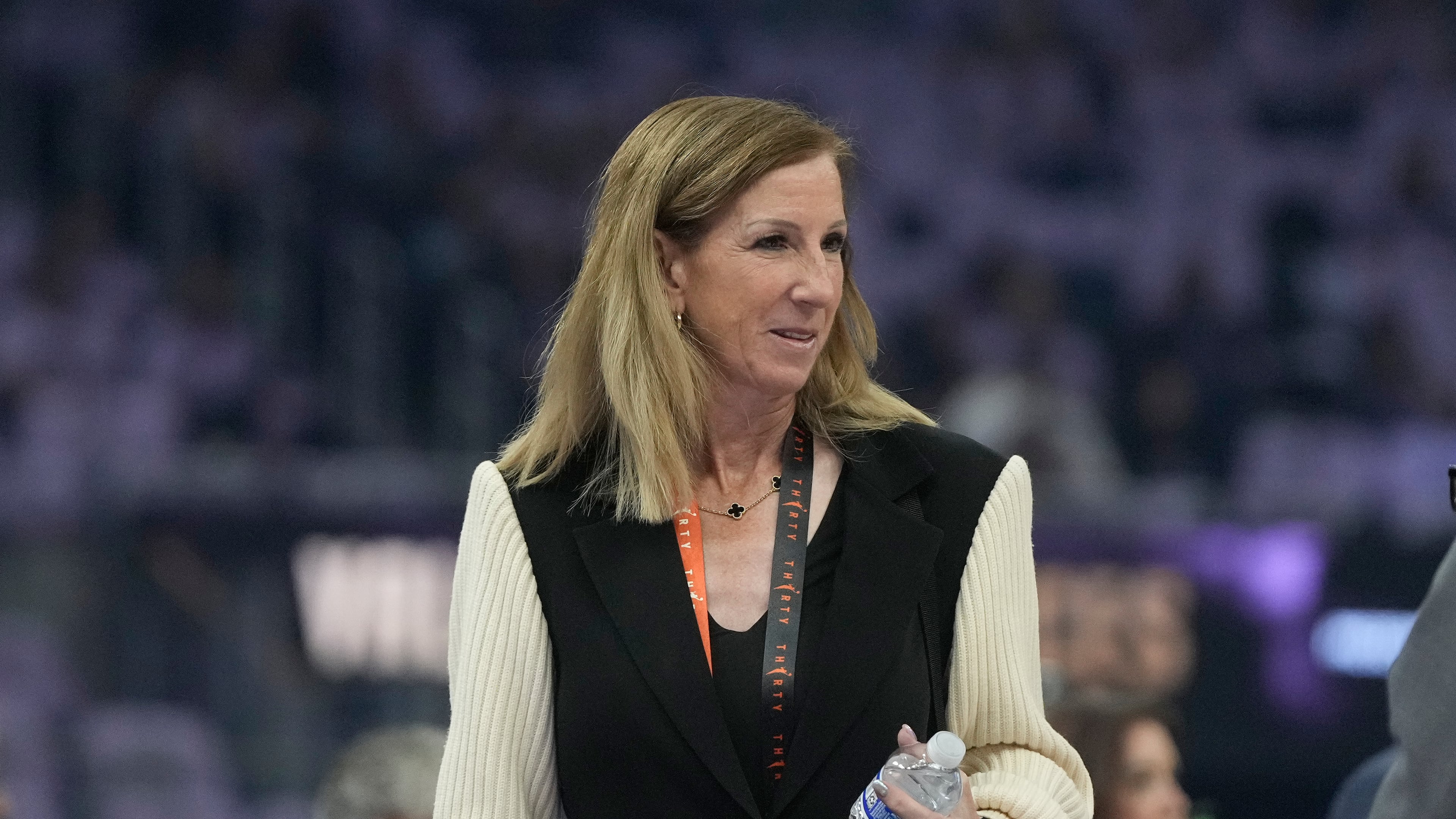 WNBA commissioner Cathy Engelbert walks on the court before Game 2 of the WNBA basketball semifinals between the Golden State Valkyries and the Las Vegas Aces, Wednesday, Oct. 7, 2026, in San Francisco. (AP Photo/Jeff Chiu)
