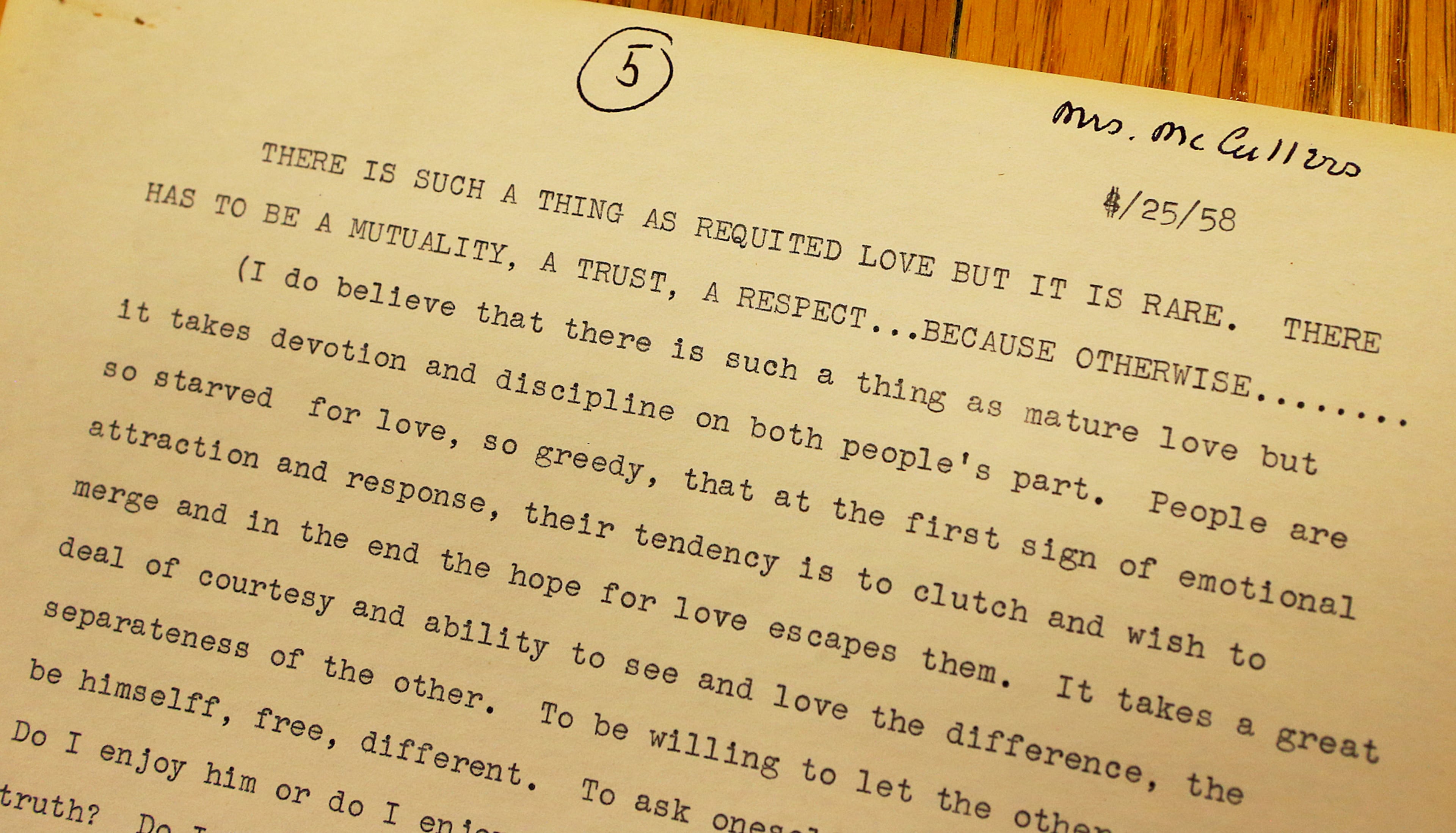 This is a passage of Carson McCullers reflections on love on a page from the transcripts of the dictaphone sessions between McCullers and her longtime companion/psychiatrist Mary Mercer in the Schwob Memorial Library at Columbus State Universty on Tuesday, July 8, 2014, in Columbus. CURTIS COMPTON / CCOMPTON@AJC.COM
