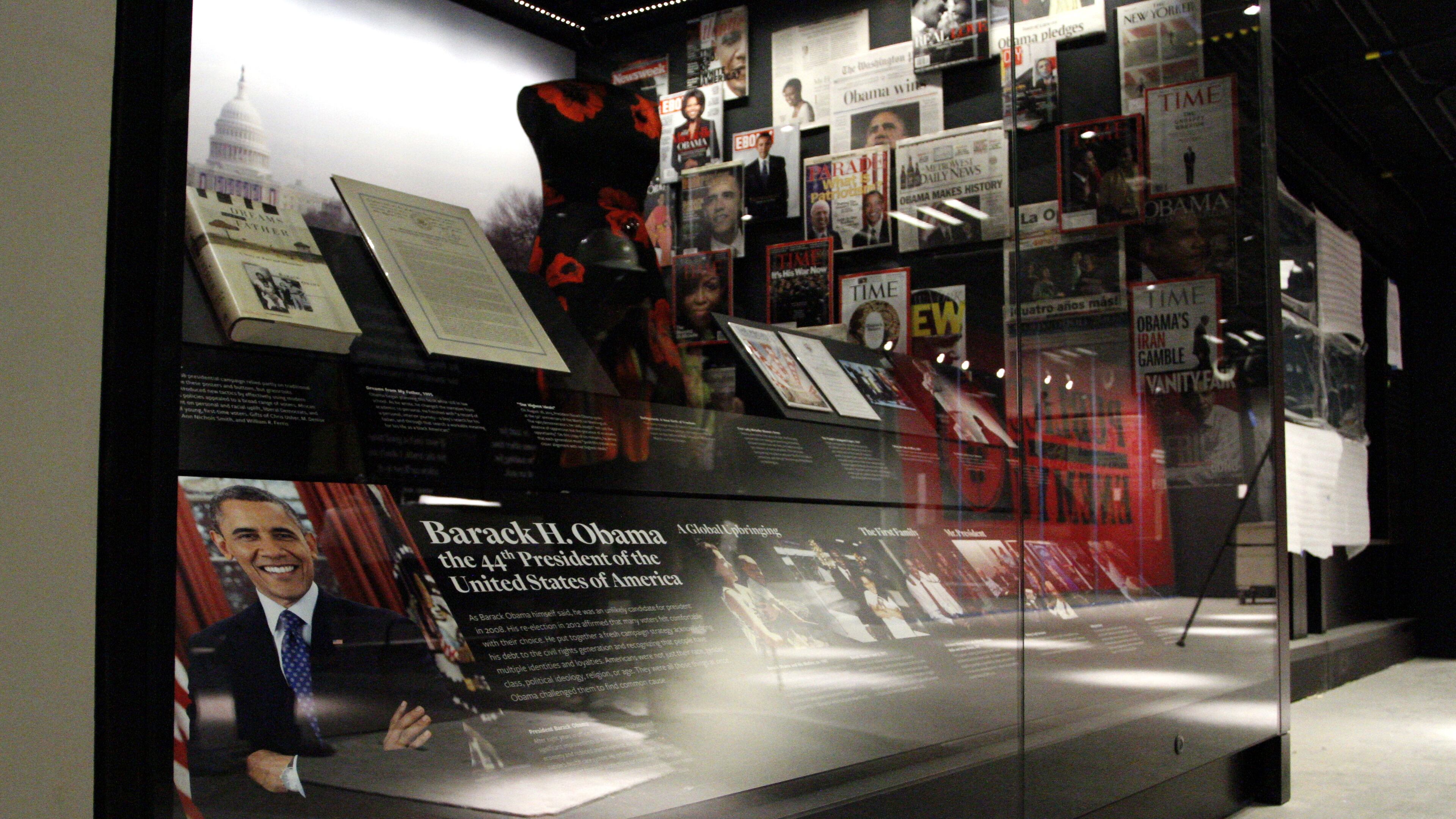 In this photo taken July 18, 2016, an exhibit depicting the presidency and the life of President Barack Obama and his family is seen during a media preview tour at the Smithsonian National Museum of African American History and Culture in Washington. The museum’s grand opening will be on Sept. 24. (AP Photo/Paul Holston)