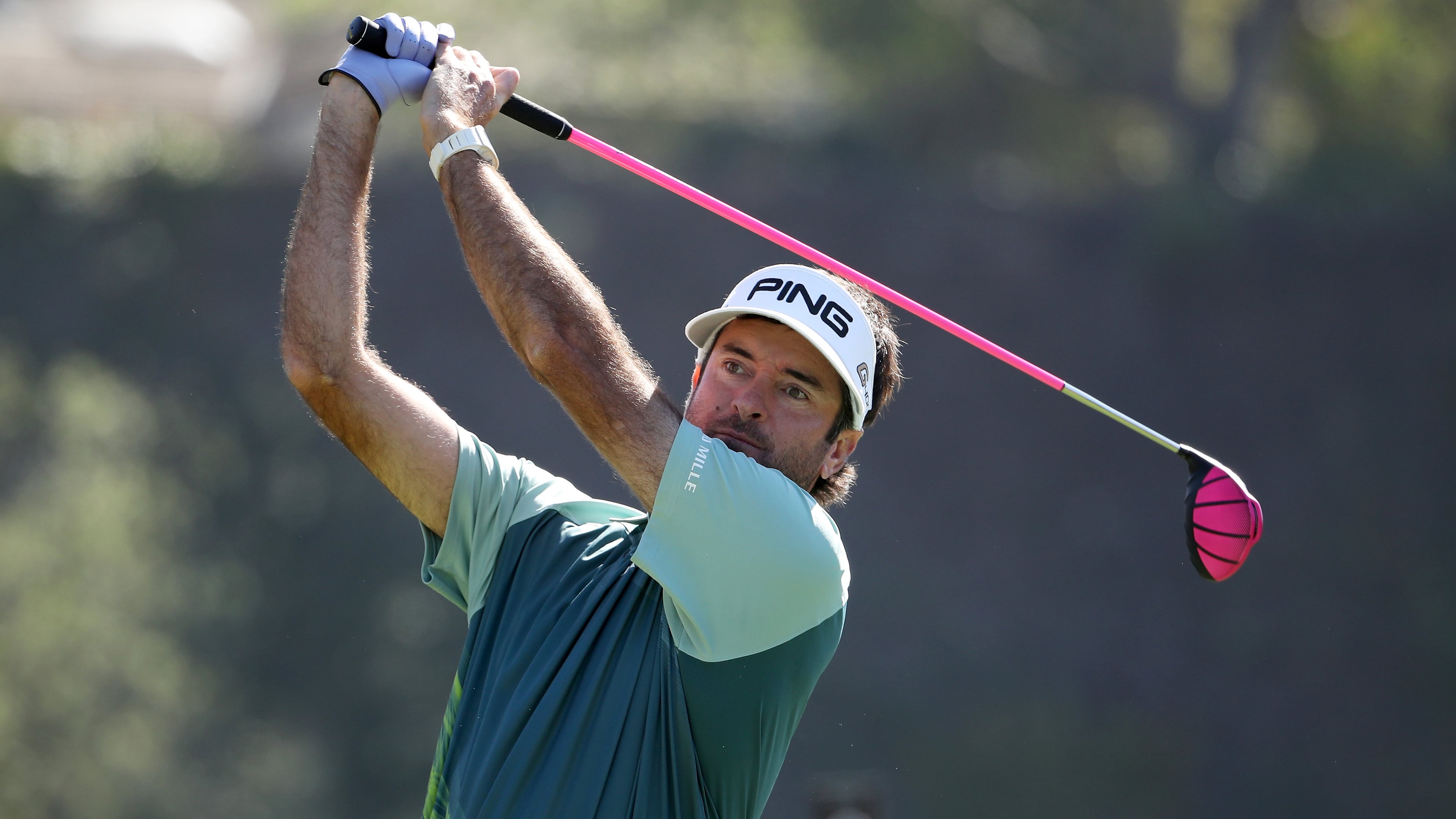 Bubba Watson plays his shot from the ninth tee during the final round of the Genesis Open at Riviera Country Club on February 18, 2018 in Pacific Palisades, California. (Photo by Christian Petersen/Getty Images)