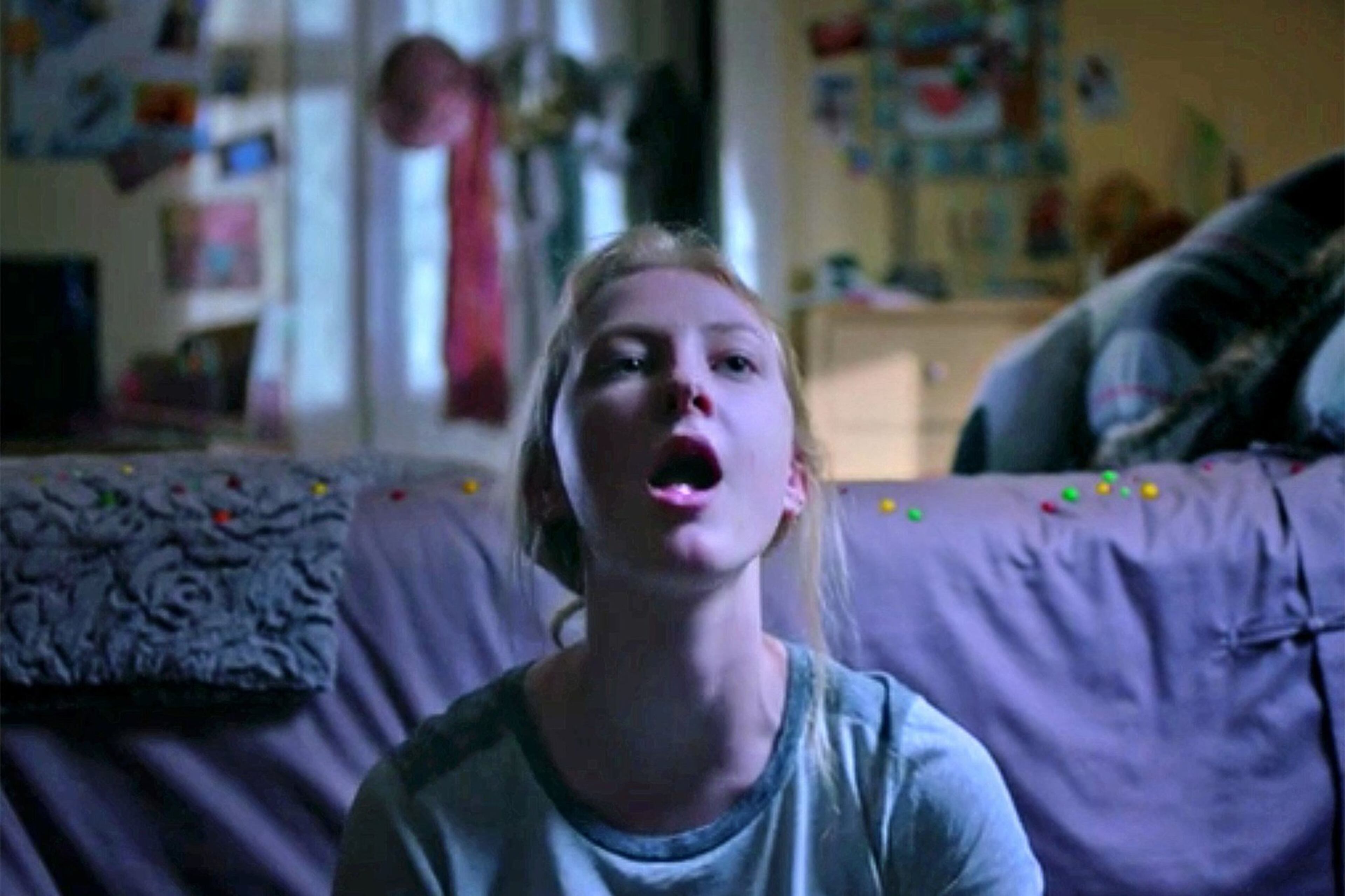 In a weird Skittles ad that drew laughs, Skittles tossed through a window land in the mouth of the intended recipient, then in a few other mouths.