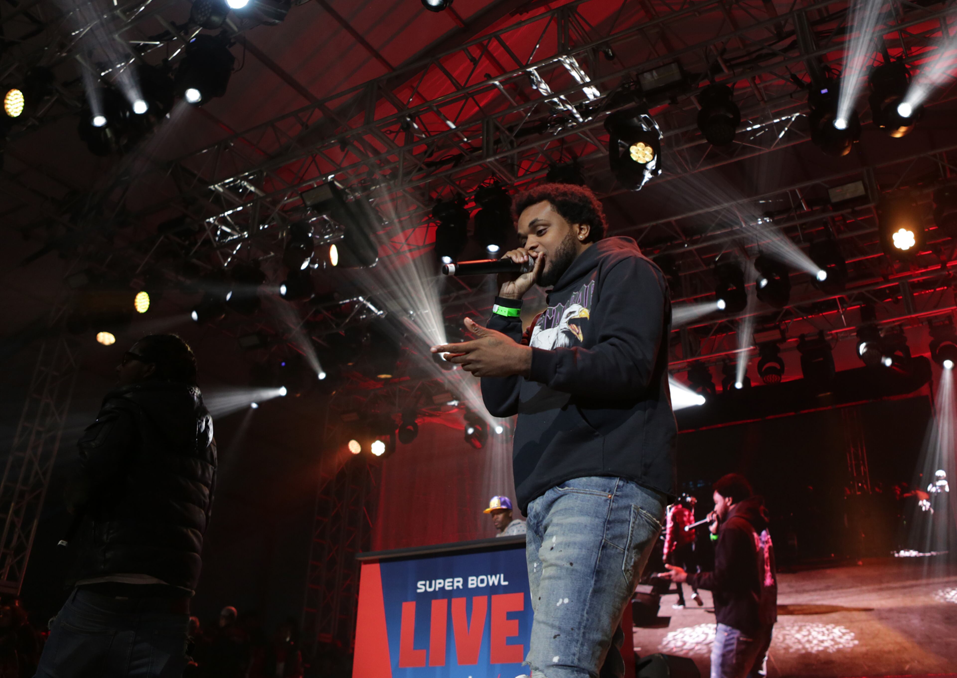 ATLANTA, GA -January 28 1, 2019 First day of Super Bowl Live Zone with performances by Atlanta hip hop Travis Porter at Centennial Park on Monday, January 28, 2019.(Akili-Casundria Ramsess/Eye of Ramsess Media)