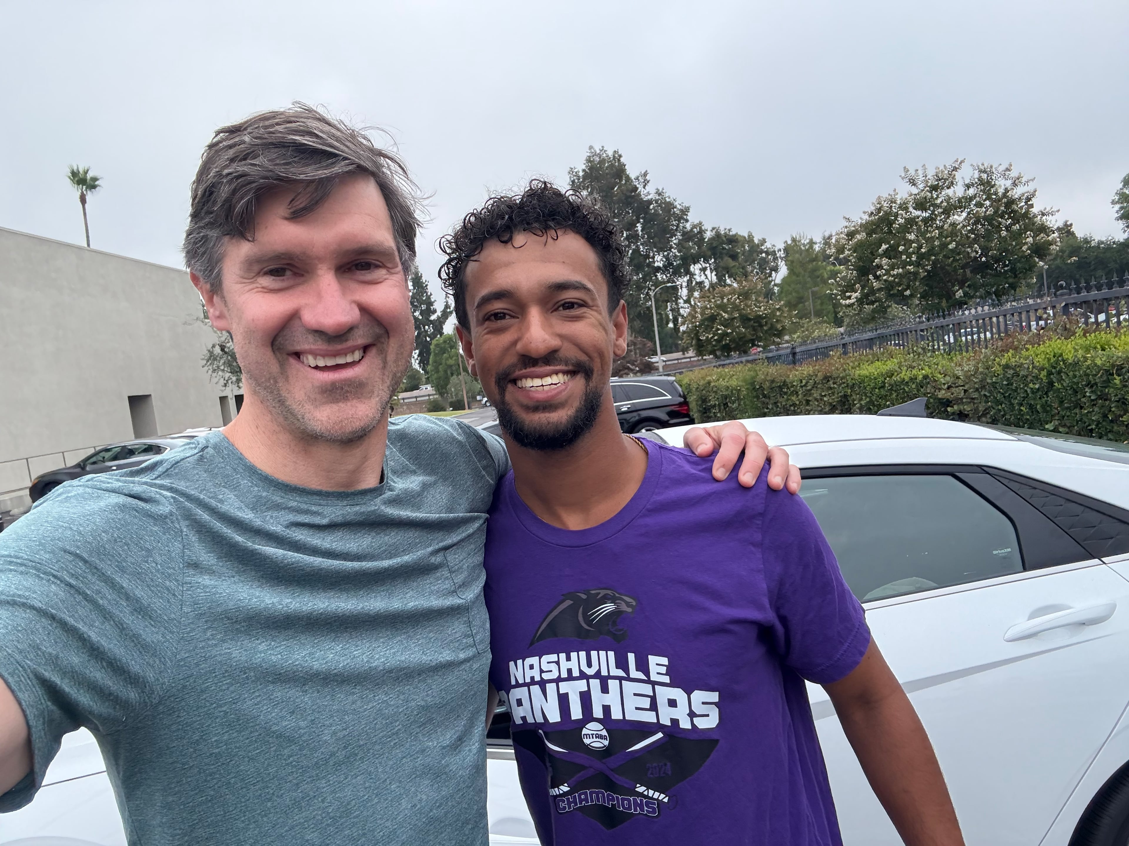 Atlanta actor Rob Lathan (left) with the "Jury Duty: Corporate Retreat" temp Anthony Norman, who was the only non-actor on camera during the season and learned this only when it ended. (Courtesy of Rob Lathan)