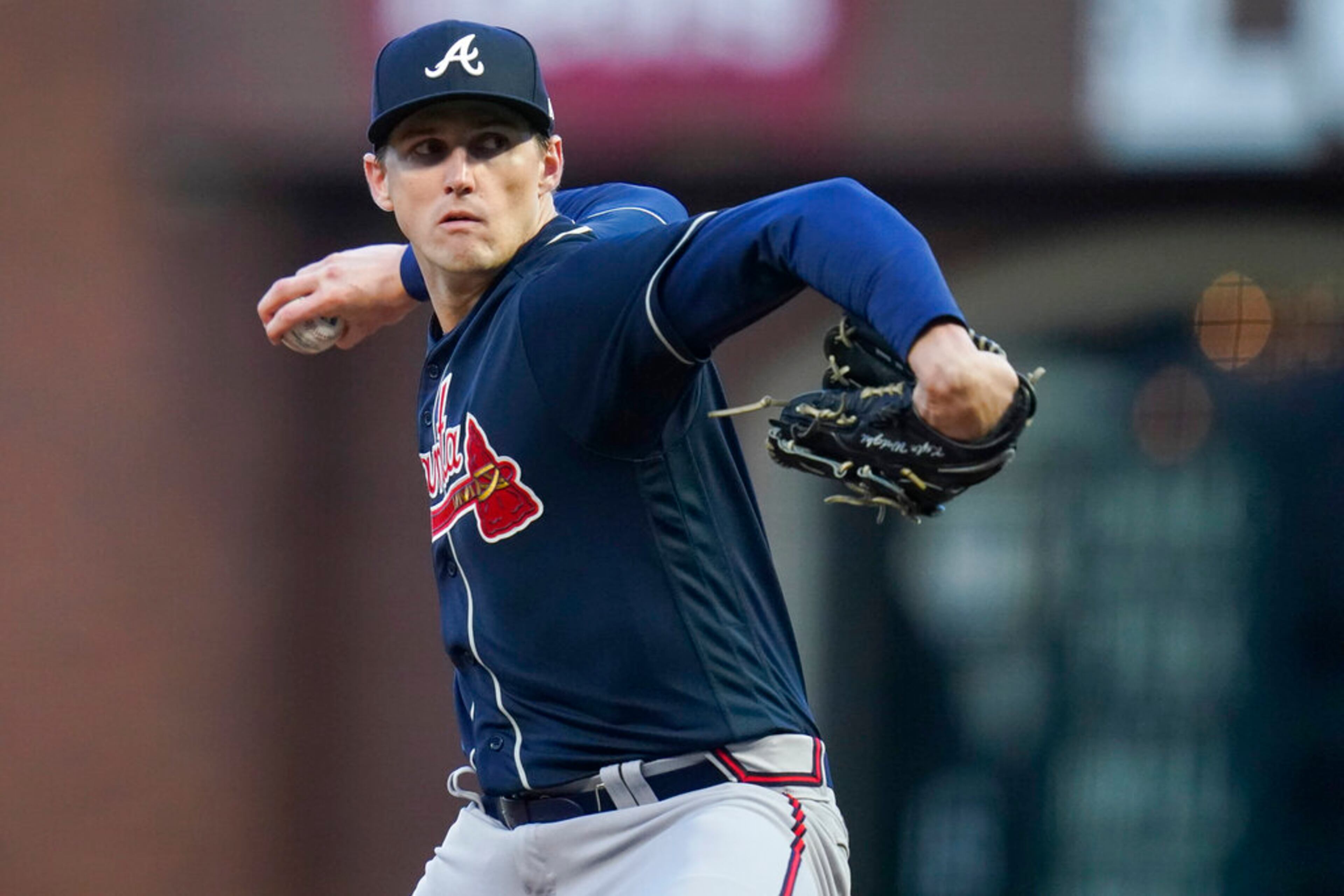 Atlanta Braves' Kyle Wright pitches against the San Francisco Giants during the first inning of a baseball game in San Francisco, Tuesday, Sept. 13, 2022. (AP Photo/Godofredo A. Vásquez)