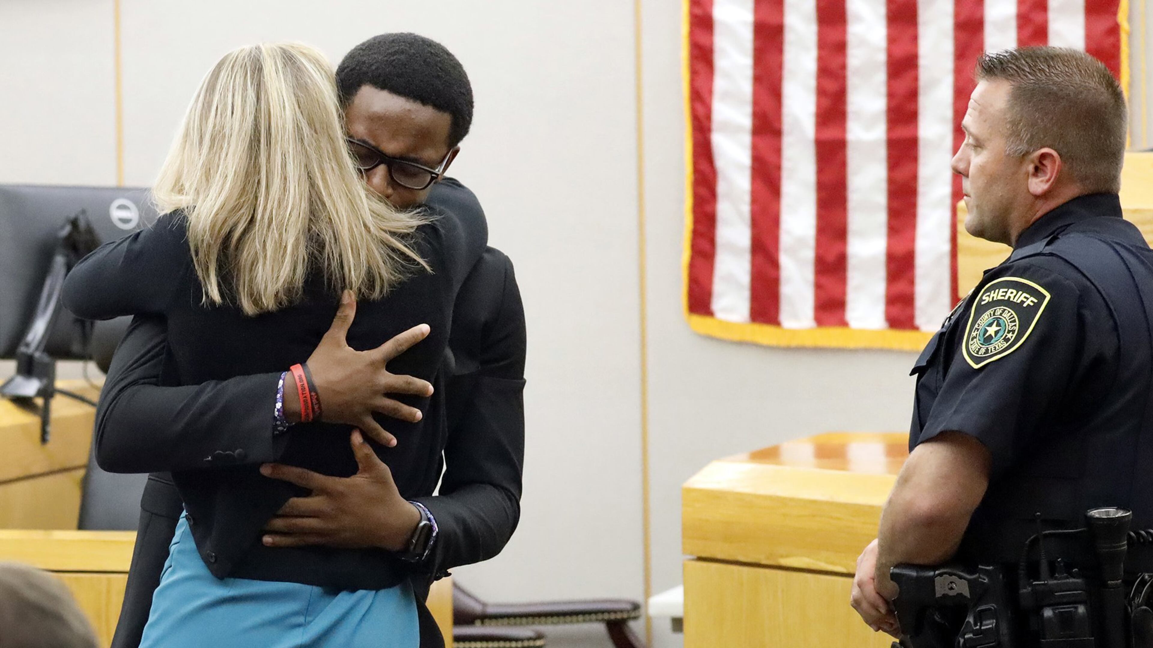 Botham Jean’s younger brother Brandt Jean asked the judge if he could give convicted murderer Amber Guyger a hug after delivering his impact statement at the Frank Crowley Courts Building in Dallas, Texas, on Oct. 2, 2019. The fired Dallas police officer was found guilty of murder by a 12-person jury. TOM FOX / THE DALLAS MORNING NEWS / POOL / TNS