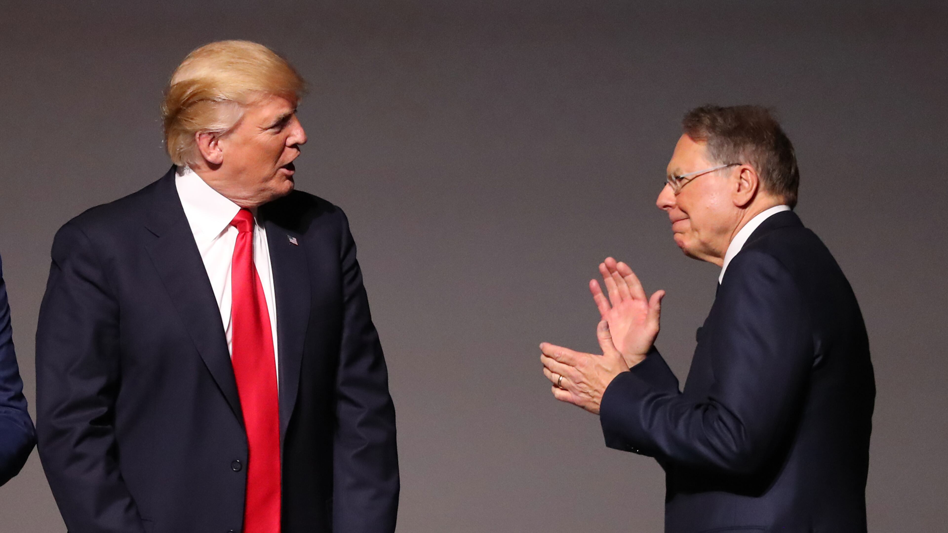 April 28, 2017, Atlanta: CEO Wayne LaPierre, whose welcoming remarks included a (presumably figurative) suggestion to give the media a black eye, introduces President Donald J. Trump at the NRA-ILA Leadership Forum on Friday, April 28, 2017, in Atlanta. Curtis Compton/ccompton@ajc.com