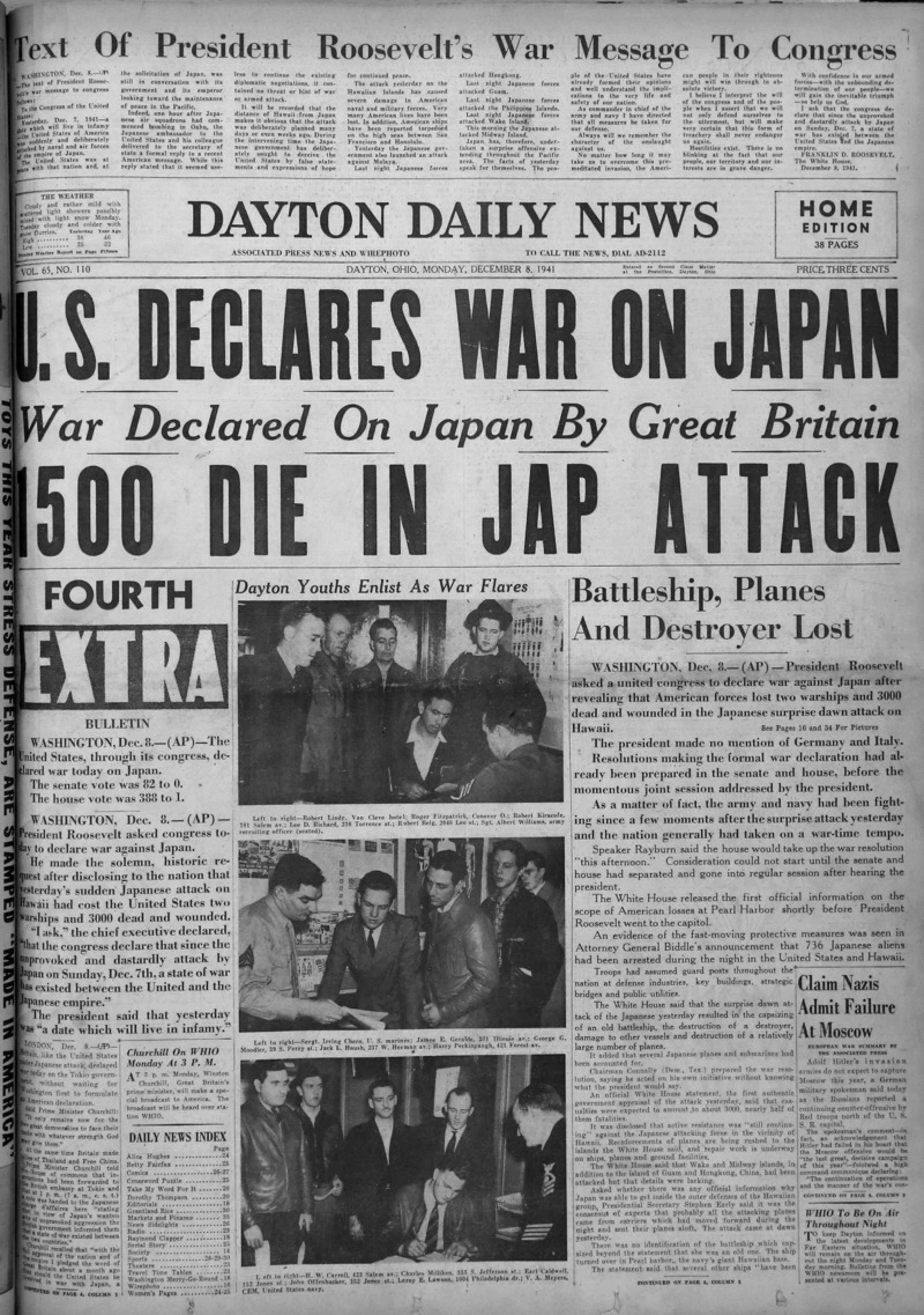 December 8, 1941: The front page of the Dayton Daily News covering the attacks on Pearl Harbor. VIEW THE FULL-SIZE PAGE: https://www.daytondailynews.com/rw/Pub/p9/DaytonDailyNews/2018/08/14/Images/1941_12_08.jpg