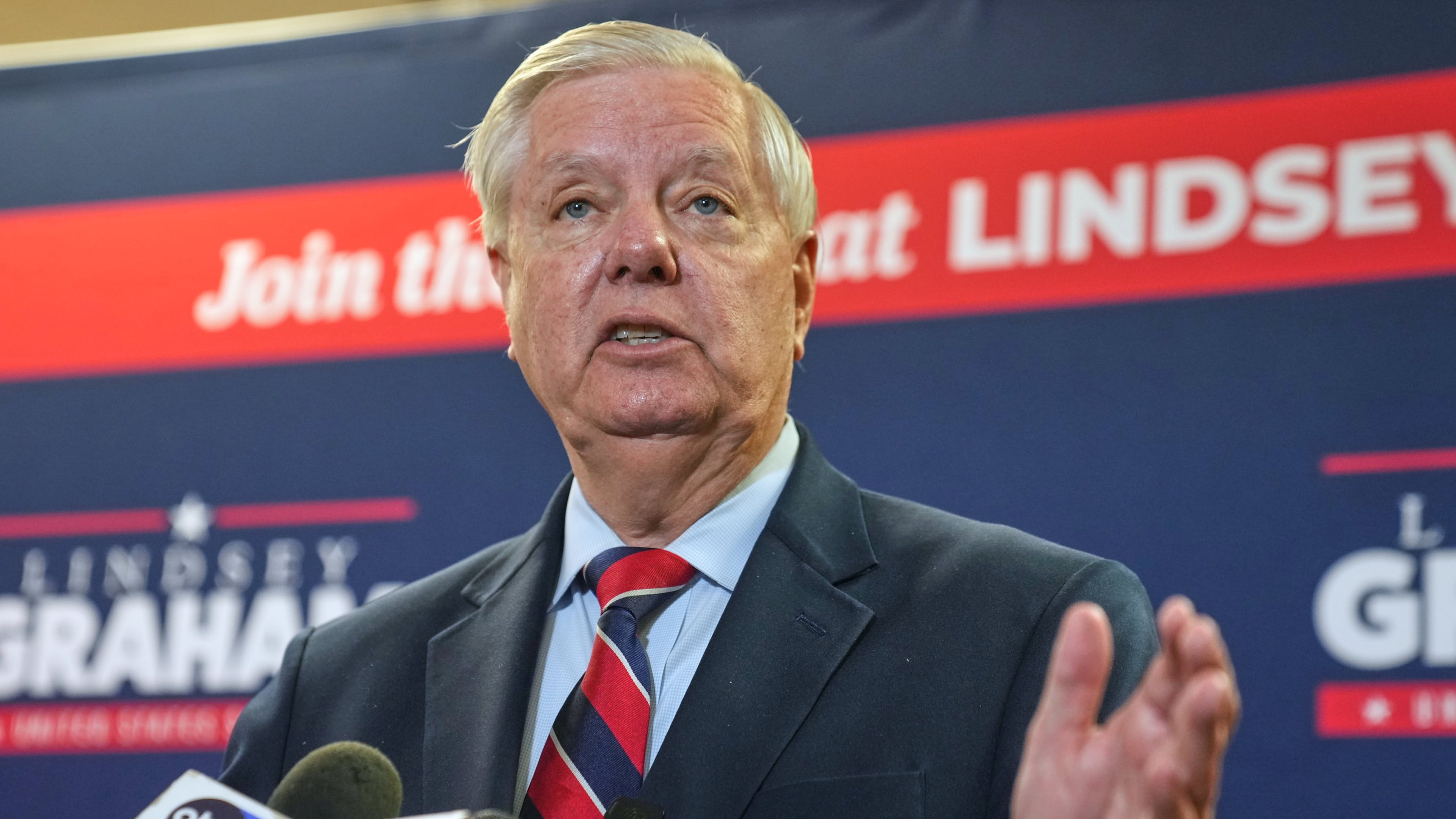 FILE - Sen. Lindsey Graham, R-S.C., speaks with supporters after filing his reelection paperwork, March 16, 2026, in Columbia, S.C. (AP Photo/Meg Kinnard, File)