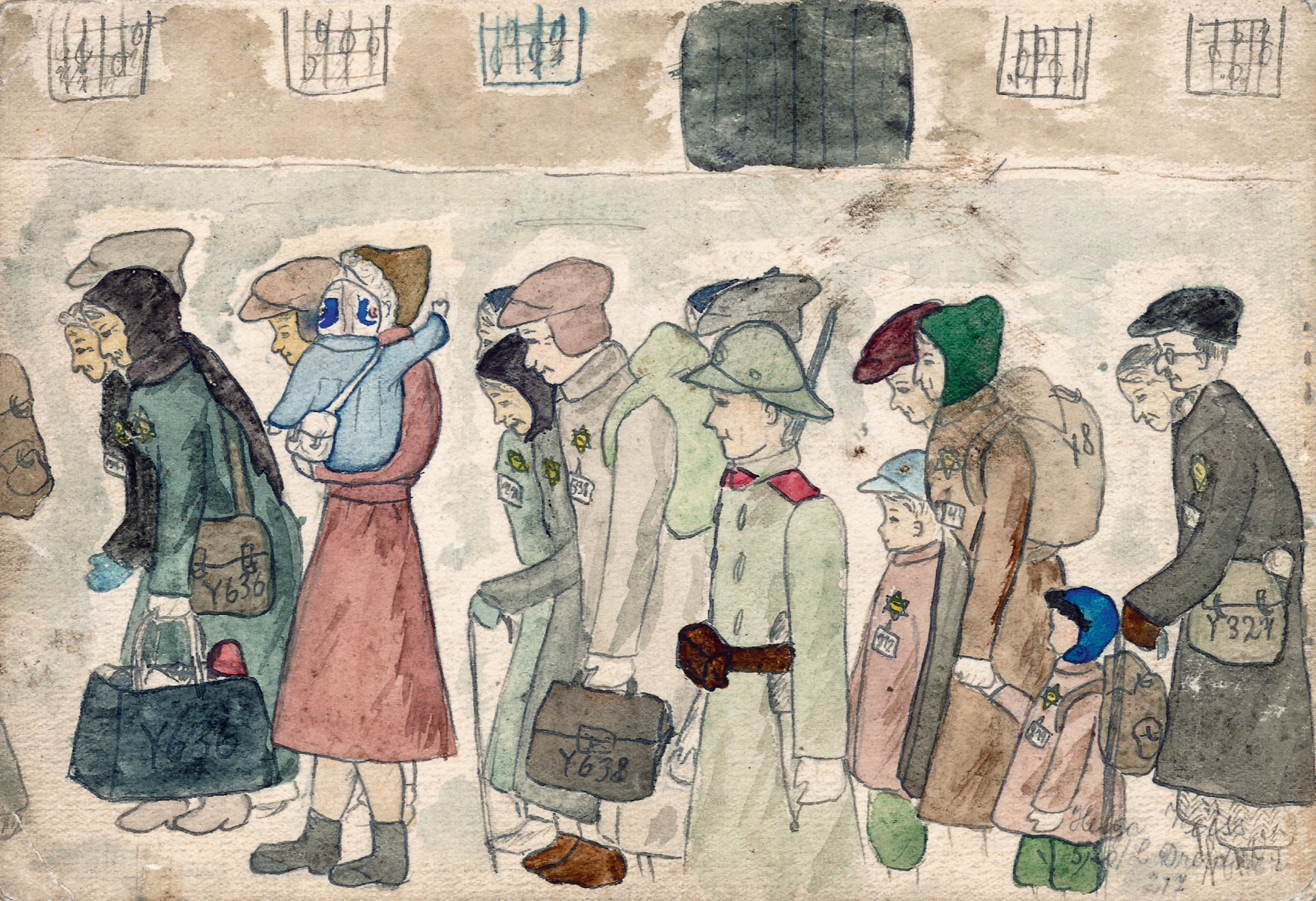 The following images are pieces by renowned artist Helga Weissova-Hoskova, who was 12 when she was sent to Terezin. She was a bunkmate of Ilse. Limited to bringing only one suitcase, Weissova-Hoskova filled it with watercolors, crayons and pencils, and she made her limited art supplies last her entire time at Terezin – almost three years. After the war, Weissova-Hoskova became a professional artist, and her drawings are known throughout the world. This work is called "Arrival to Terezin." Every person was allowed 50 kilograms of luggage. Here, people of all ages and families arrive. They had no idea what really awaited them. Some, particularly the elderly, were duped into thinking they were going to a resort or spa.