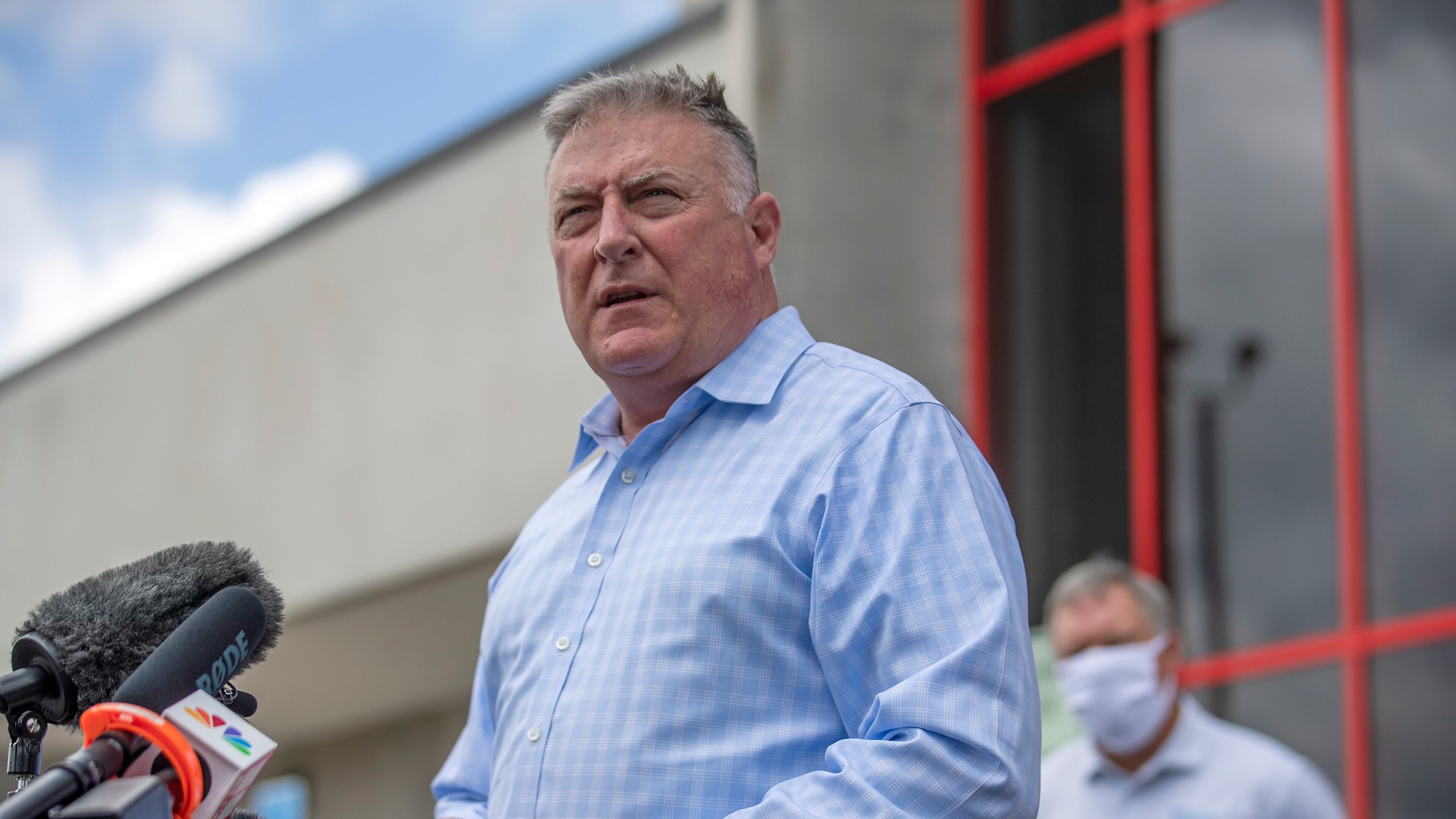 Georgia Insurance and Safety Fire Commissioner John King makes a statement and answers questions from the media following a tour of Fieldale Farms while visiting Gainesville, Ga., Friday, May 15, 2020.