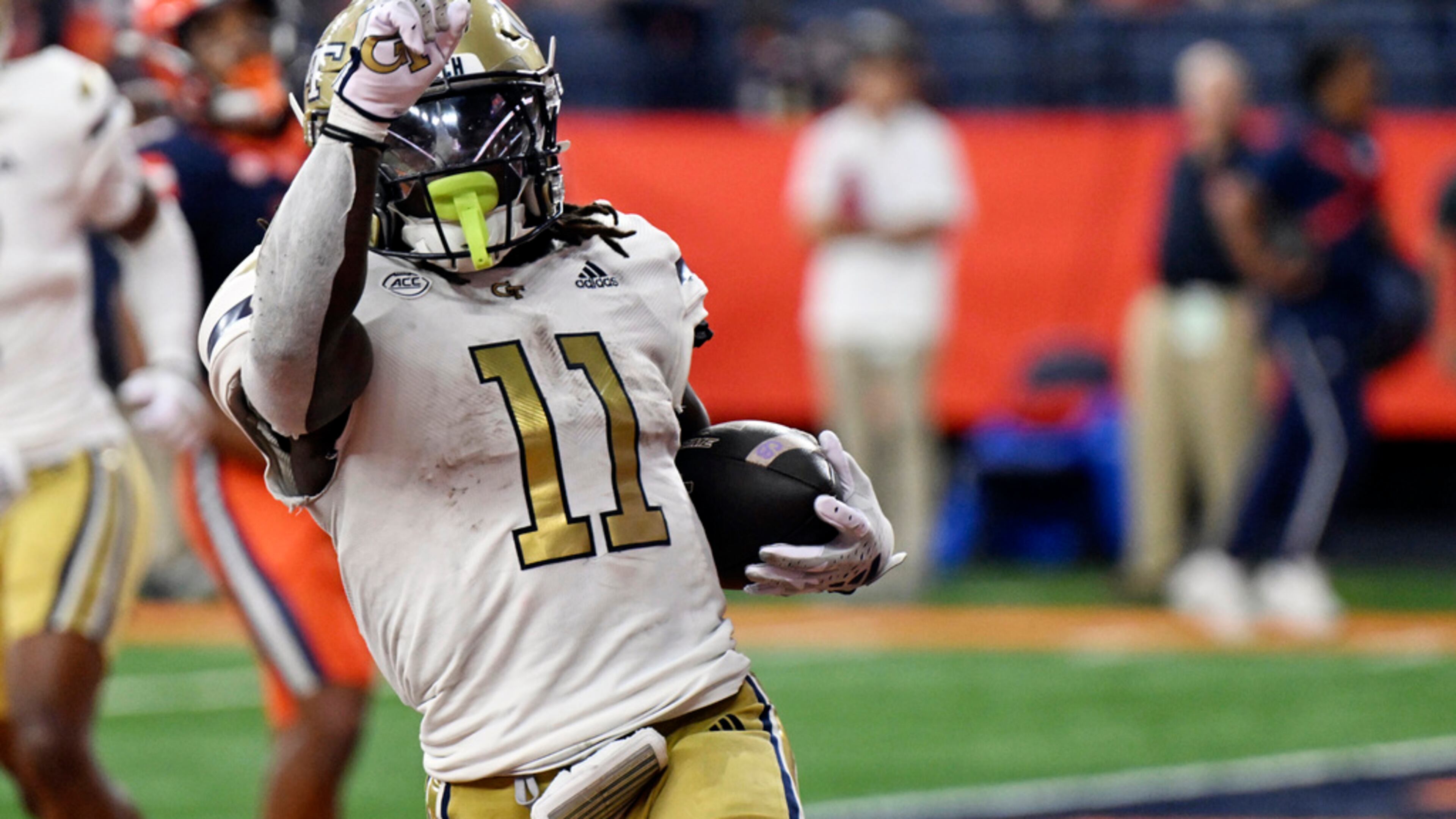 Georgia Tech running back Jamal Haynes celebrates a touchdown against Syracuse on Saturday, Sept. 7, 2024 in Syracuse, N.Y. The two teams will meet again at noon Saturday. (Hans Pennink/AP 2024)