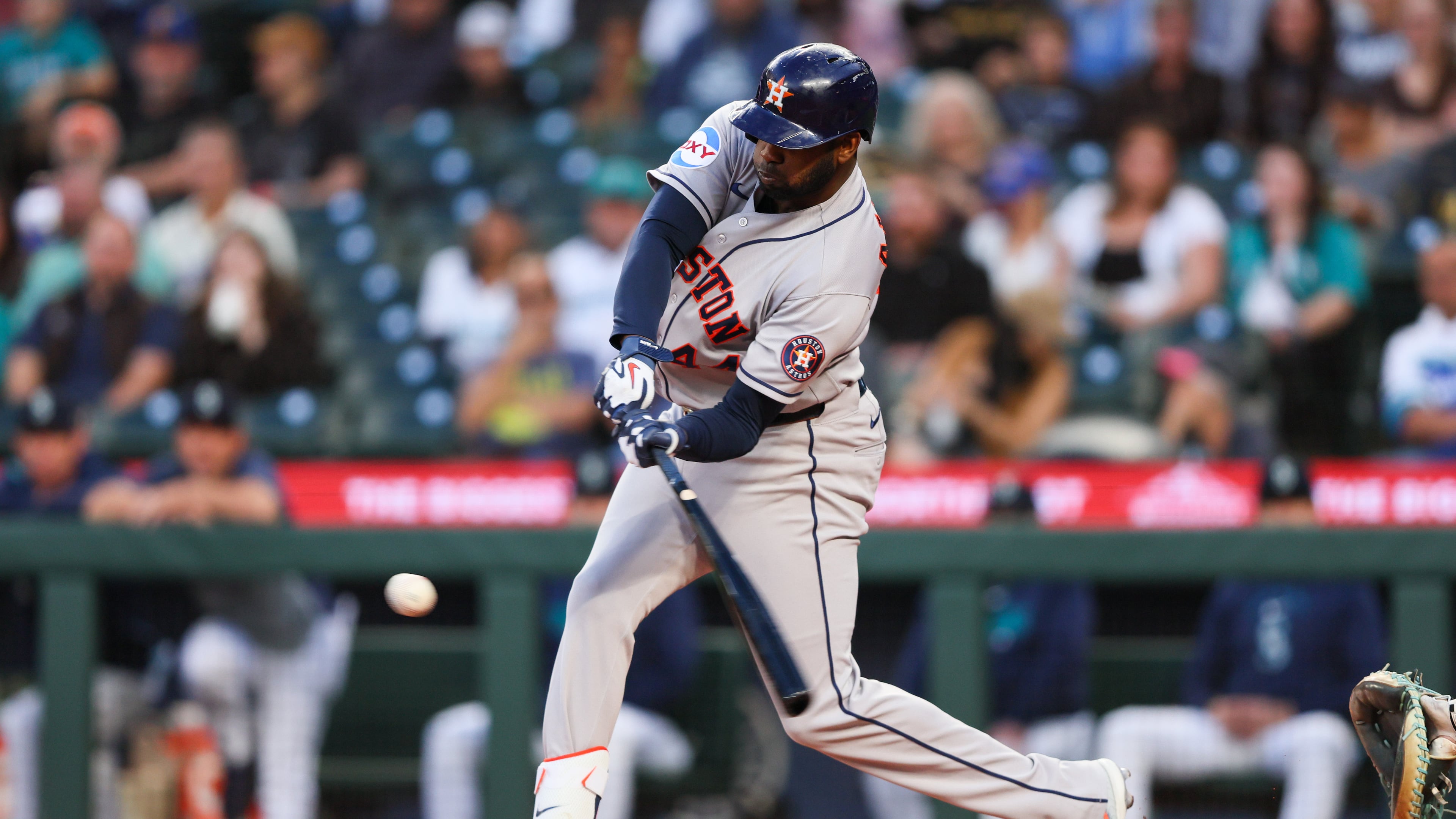 Houston Astros designated hitter Yordan Alvarez (44) hits an RBI single in the first inning of a baseball game against the Seattle Mariners, Tuesday, Sept. 22, 2026, in Seattle. (AP Photo/Kevin Ng)