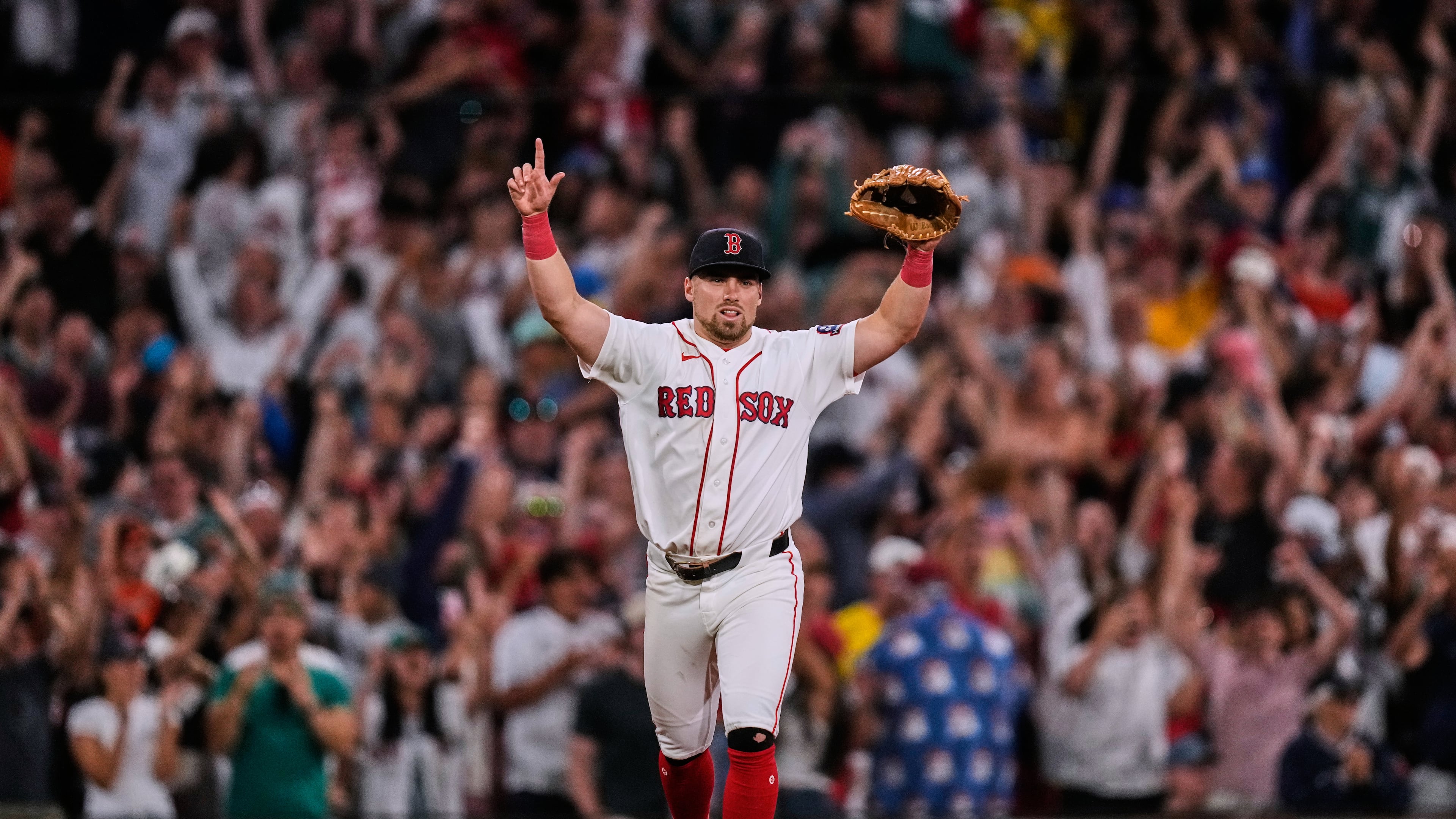 Boston Red Sox's Caleb Durbin celebrates after defeating the Baltimore Orioles following a baseball game, Monday, July 20, 2026, in Boston. (AP Photo/Charles Krupa)