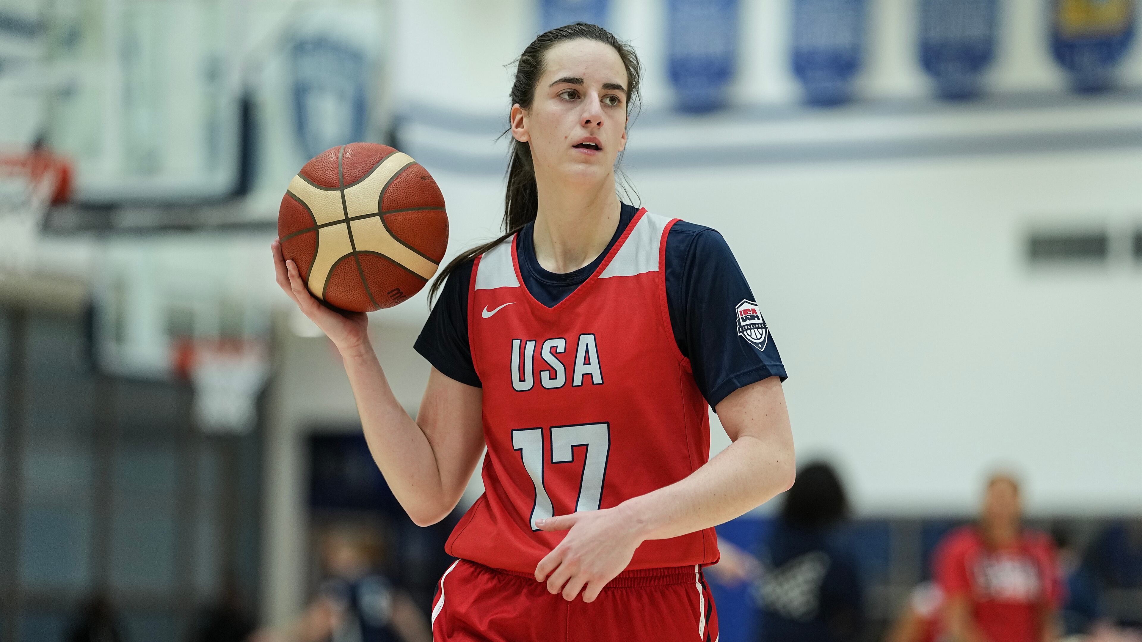 FILE - Caitlin Clark (17) takes part in drills during a training camp for the U.S women's national basketball team Dec. 12, 2025, in Durham, N.C. (AP Photo/Matt Kelley, File)